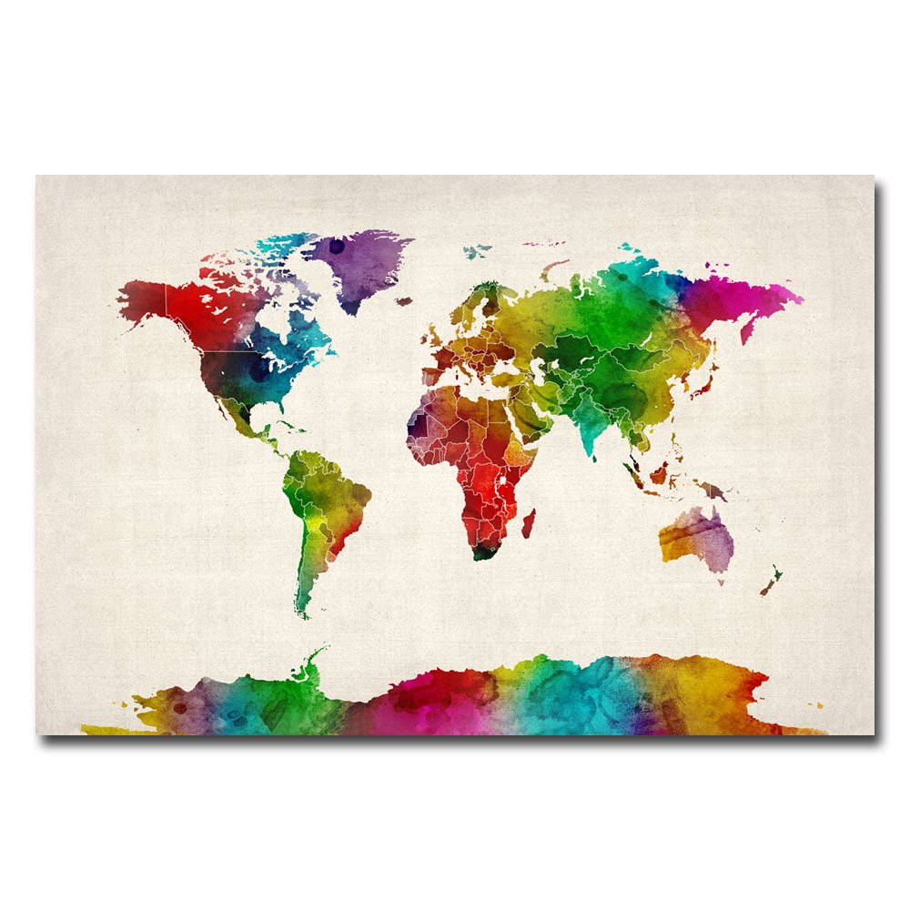 Michael Tompsett Watercolor World Map II Canvas Art Print - 16x24 Inch Framed Wall Decor for Living Room, Office & Home Staging