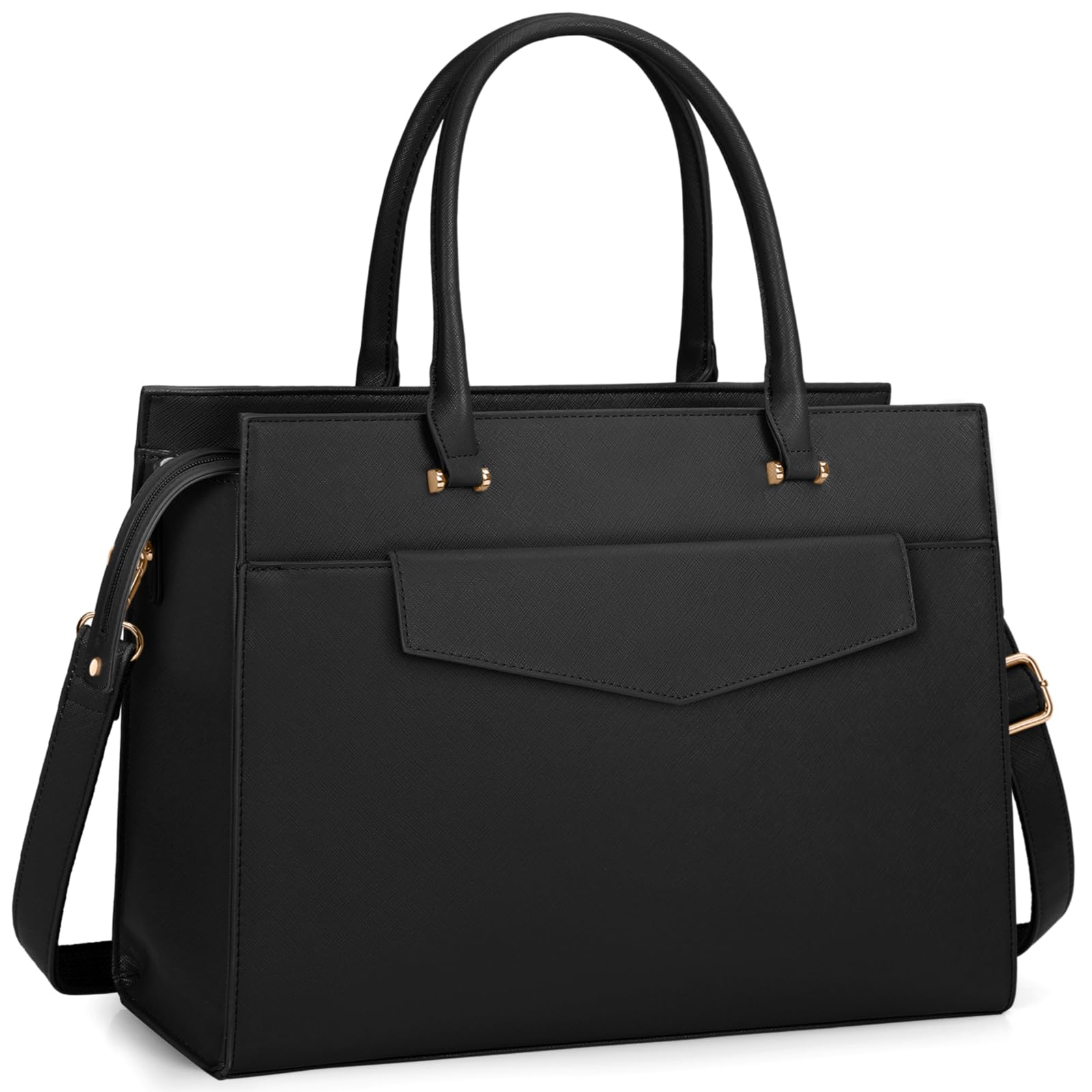 Stylish 15.6 Inch Leather Laptop Tote Bag for Women - Professional Work Bag with Matching Clutch Purse (2-Piece Set) - Perfect for Office, Business Travel, Teaching & Daily Commute - Black