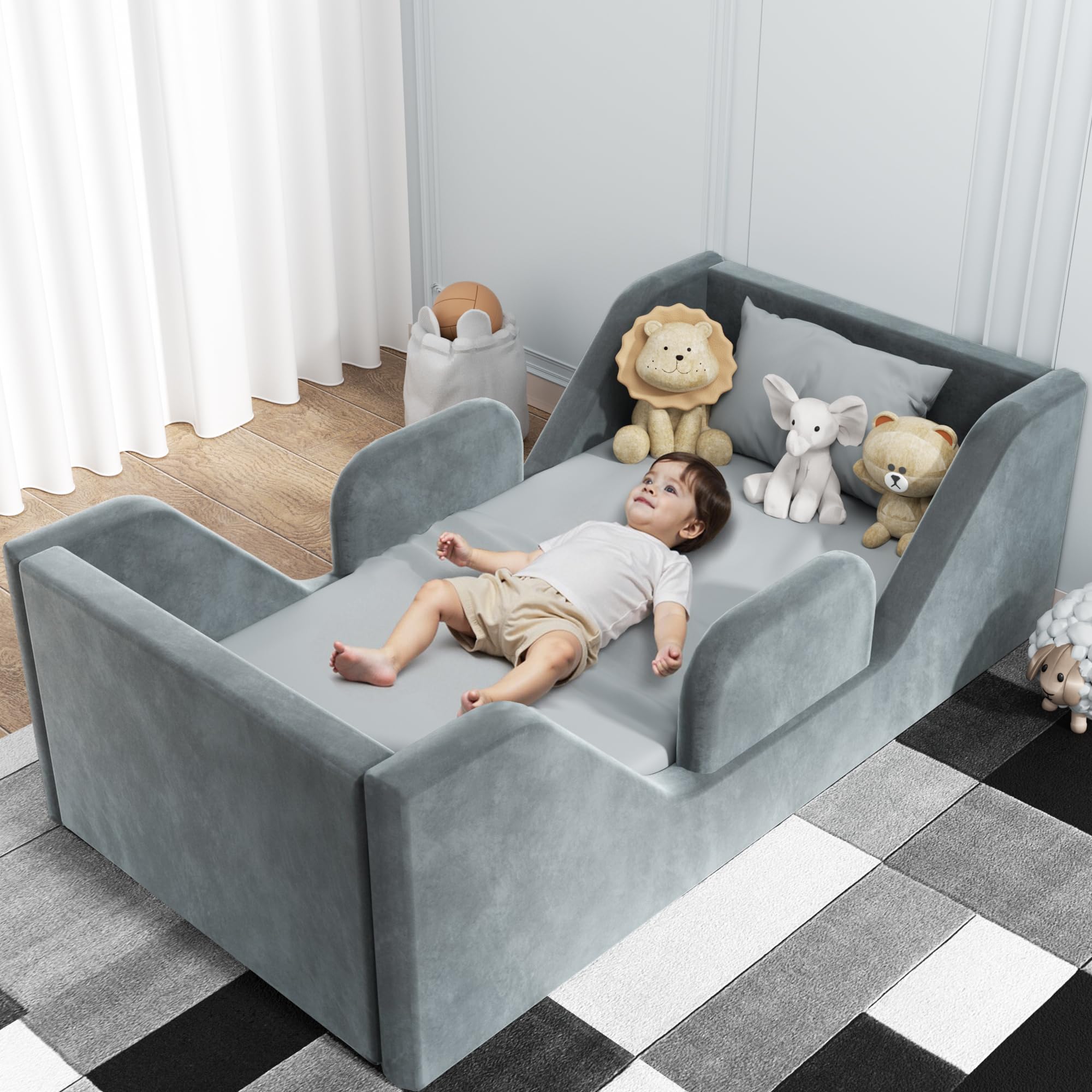 Toddler Floor Bed Frame with Guard Rails - Safe & Sturdy Small Bed for Kids Boys & Girls (Ages 2-6) | Certified Fabric Toddler Bed in Grey | Perfect for Montessori Bedrooms, Daycare Centers & Cozy Kids' Rooms