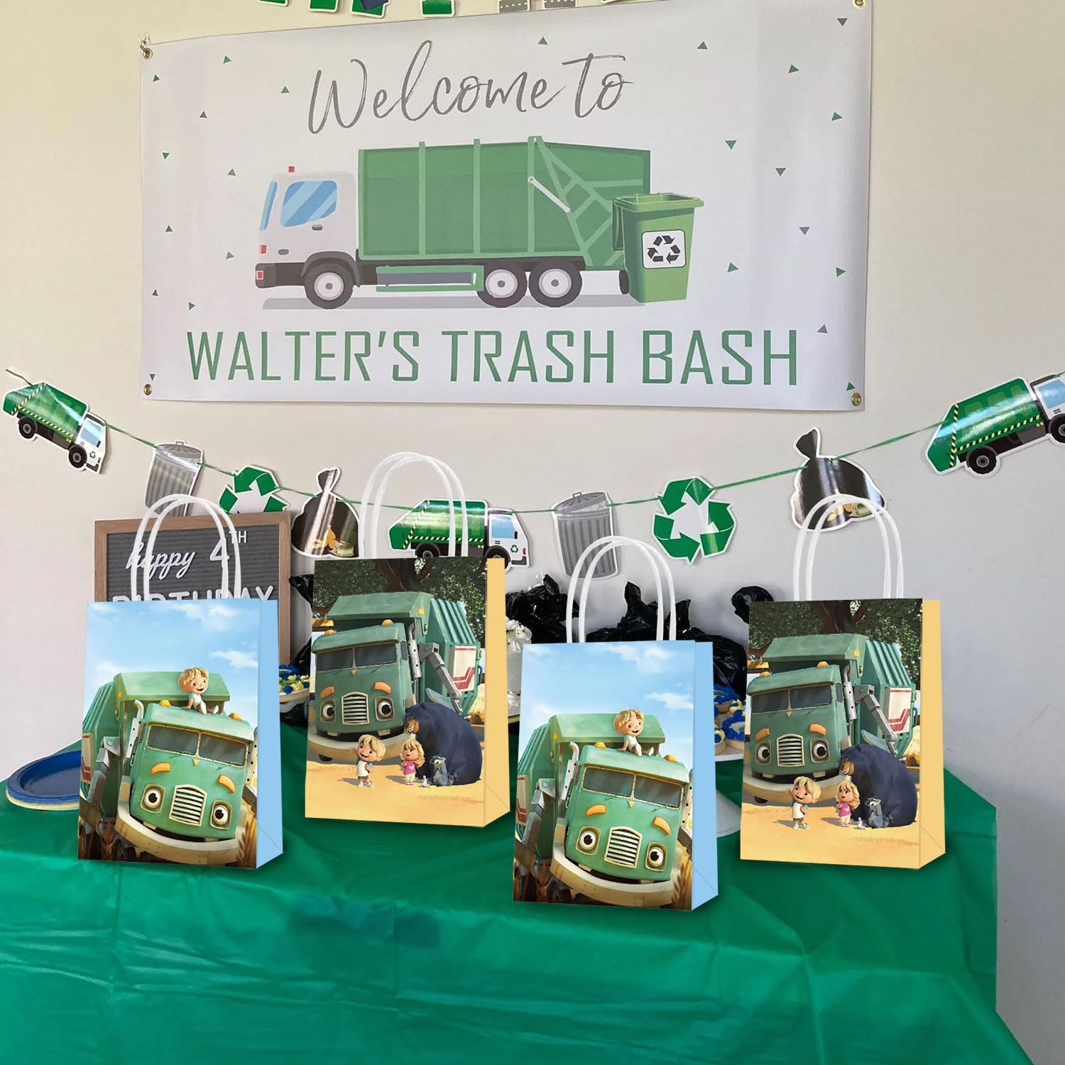 16 Pcs Trash Truck Themed Party Favor Bags with Handles - 2 Styles for Kids Birthday Party Supplies, Goodie Bags for Candy & Gifts - Perfect for Trash Truck Themed Decorations, Boys & Girls Birthday Parties, Baby Showers & School Events