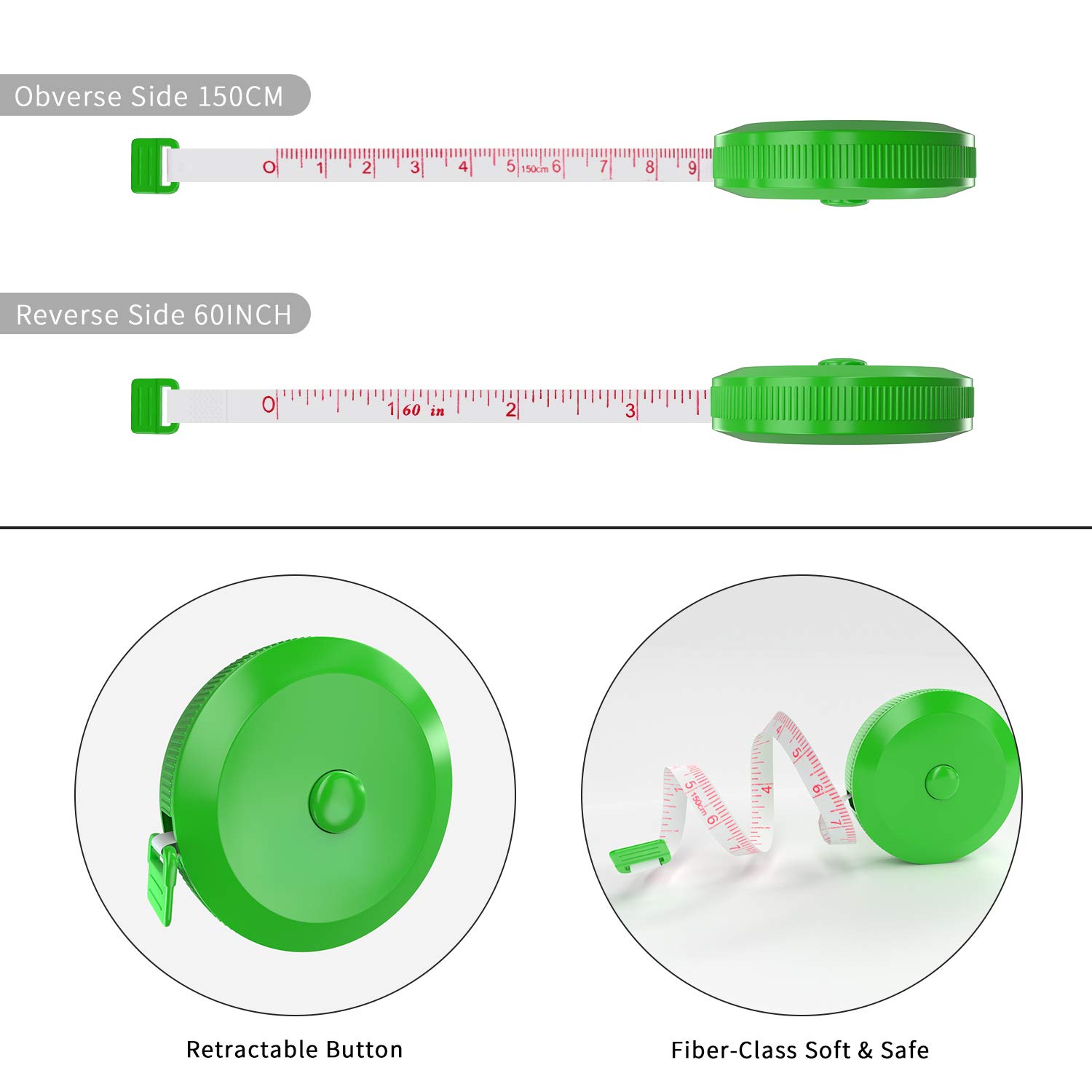 DiCUNO 60-Inch Soft Retractable Measuring Tape - 1.5 Meter Flexible Sewing Tailor Tape Measure (3 Pack Green) for Body Measurement, Dieting, Craft & Fabric Projects - Perfect for Sewing, Weight Loss Tracking & DIY Fashion Design