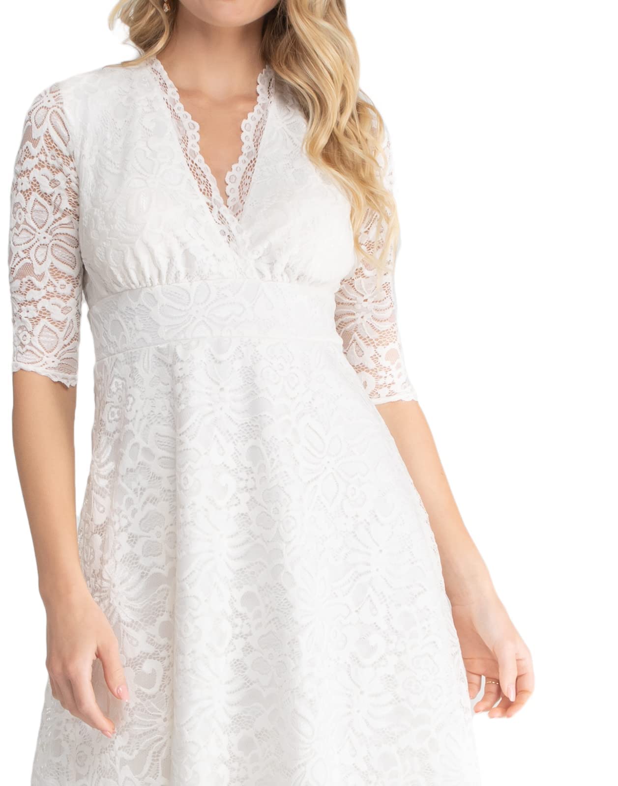 Kiyonna Women's Plus Size Bella Short Ivory Lace Dress - Elegant White Wedding Guest Dress, Bridal Shower Outfit & Graduation Midi Dress for Special Occasions | Perfect for Weddings, Parties & Formal Events