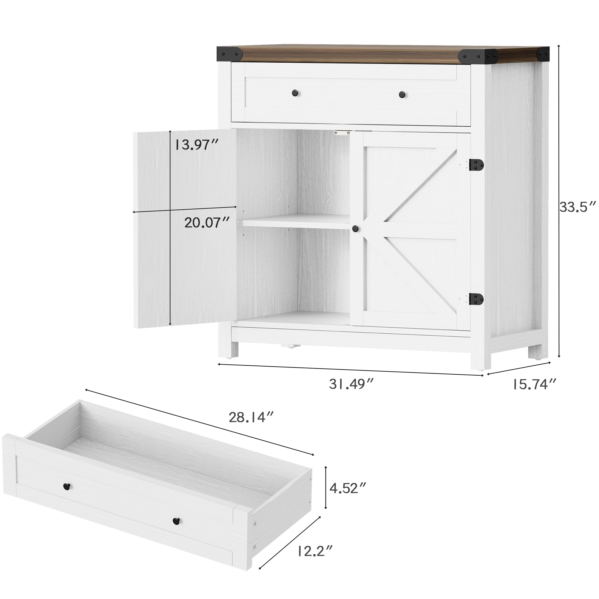 Farmhouse Style Sideboard Buffet Cabinet with Storage - White Coffee Bar Cabinet with 1 Drawer & 2 Barn Doors, Rustic Console Table for Kitchen, Dining Room, Entryway | Perfect for Home Decor, Entertaining & Small Space Storage Solutions