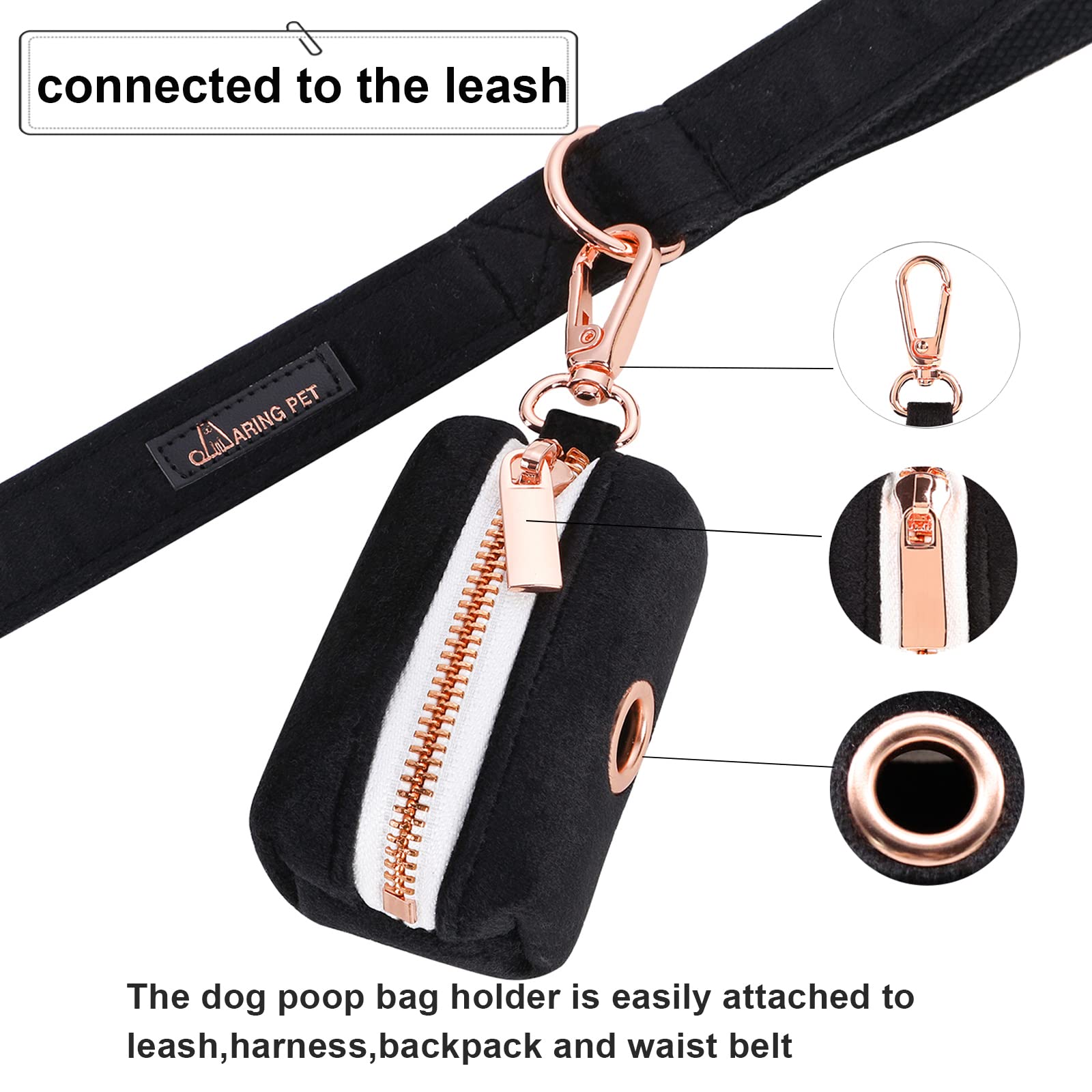 Premium Dog Waste Bag Dispenser - Soft Black Poop Bag Holder with Metal Zipper | Attaches to Any Leash | Washable Velvet Pet Waste Pouch for Dogs | Perfect for Walking, Hiking & Outdoor Adventures