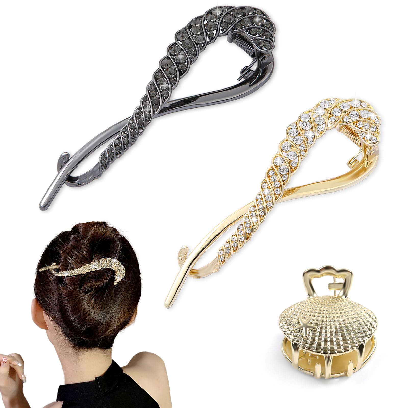 TecoKart® 3 Pack Rhinestone Banana Hair Clips & French Bun Maker Set - Elegant Metal Hair Accessories for Women & Girls with Medium to Thick Hair | Perfect for Weddings, Parties & Everyday Styling