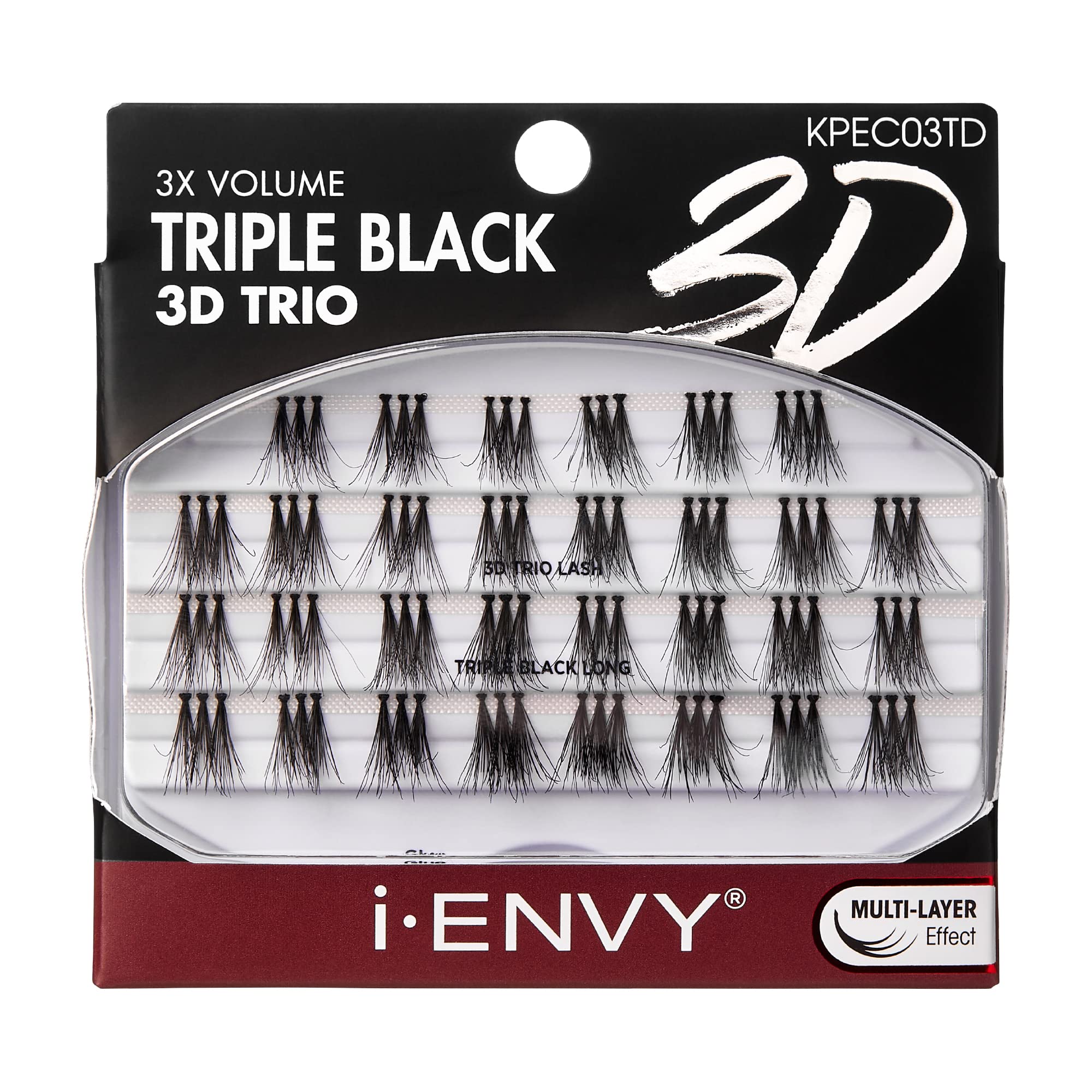 iENVY False Eyelashes Triple Black 3D Individual Lashes - Reusable Eyelash Clusters for 3X Volume & Dramatic Look (Long Length) | Perfect for Parties, Weddings & Special Occasions