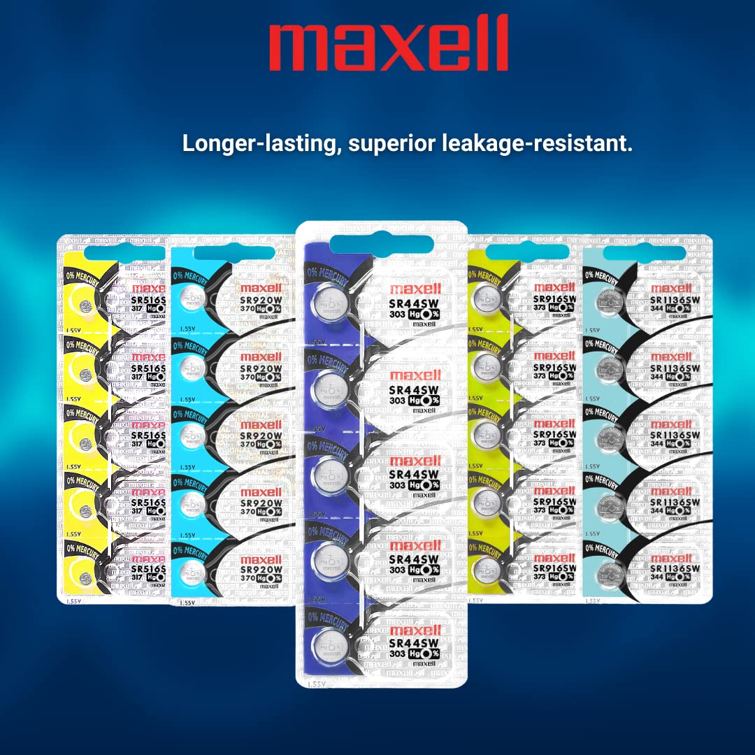 Maxell SR44SW 303 Watch Battery - 5 Pack Button Cell Batteries for Watches, Calculators, and Small Electronics - Long-Lasting Power Supply