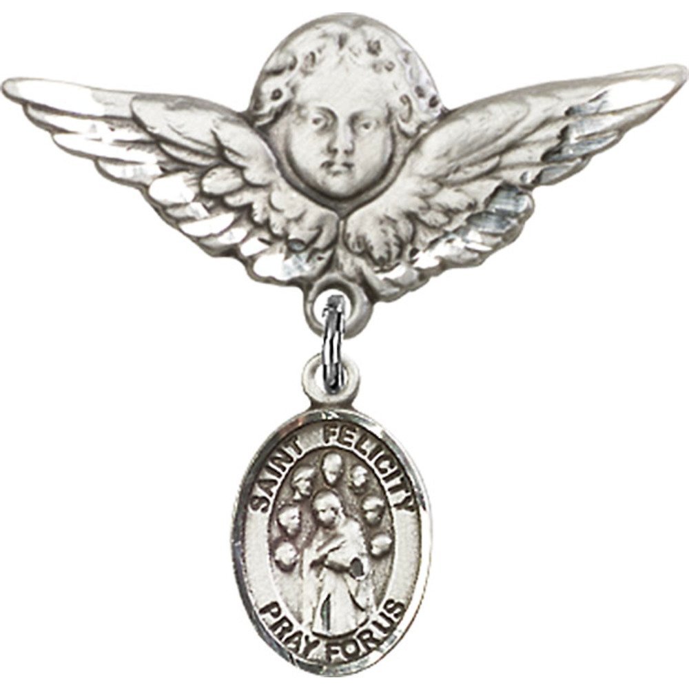 Sterling Silver Baby Badge with St. Felicity Charm & Angel Wing Pin - 1 1/8 X 1 1/8 Inches - Perfect for Christening, Baptism & First Communion Gifts