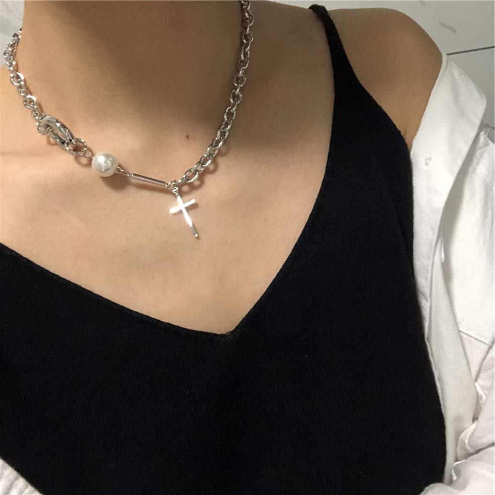 Dainty Punk Cross Pearls Stackable Layered Necklace - Silver Choker Necklace for Women & Girls | Minimalist Statement Jewelry | Perfect for Layering, Everyday Wear & Gift Giving
