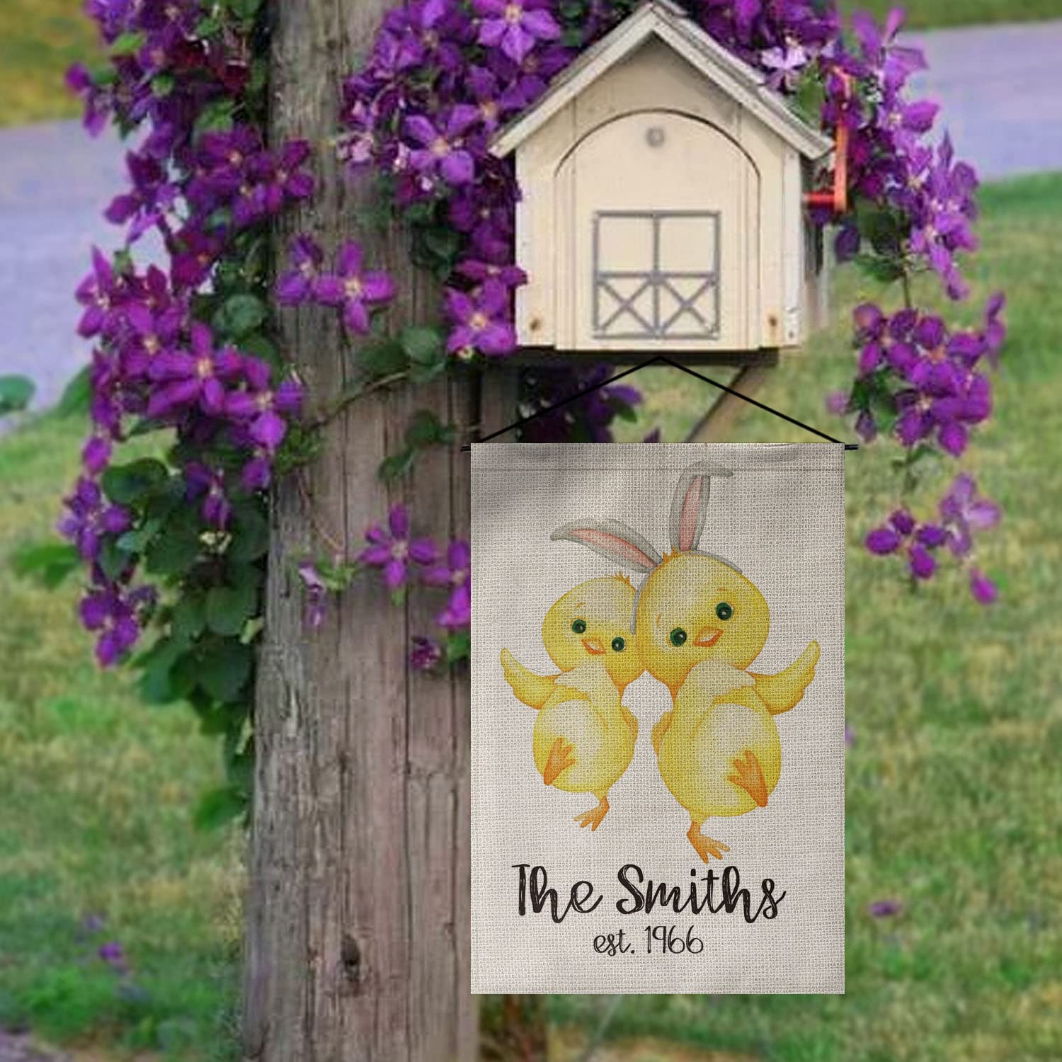 Custom Easter Spring Garden Flag - Personalized Family Name with Chicks & Bunny Design - Double Sided 12x18 Inch Rustic Farmhouse Decor - Perfect for Outdoor Yard, Porch & Spring Holiday Decoration