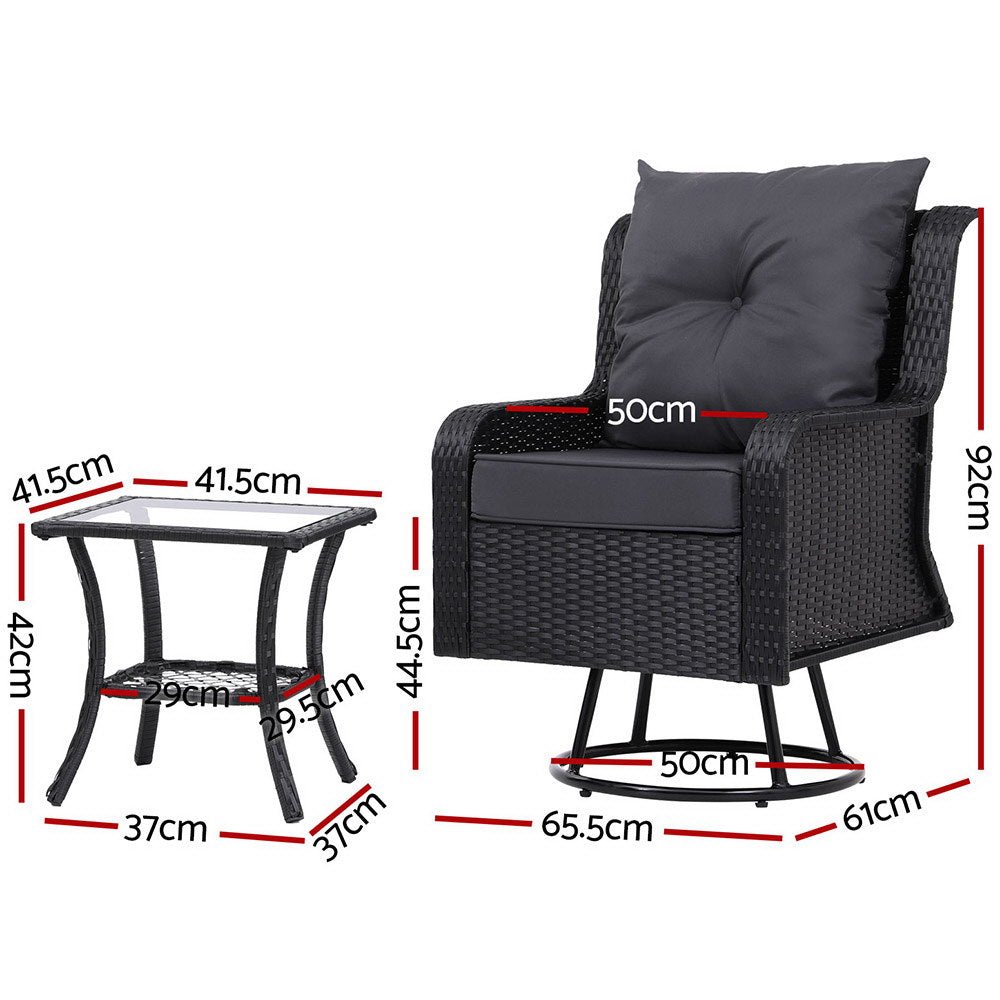3-Piece Outdoor Patio Bistro Set with Wicker Swivel Chairs, Side Table & Cushions - Brown Rattan Garden Furniture for Balcony, Deck, Poolside or Backyard Relaxation