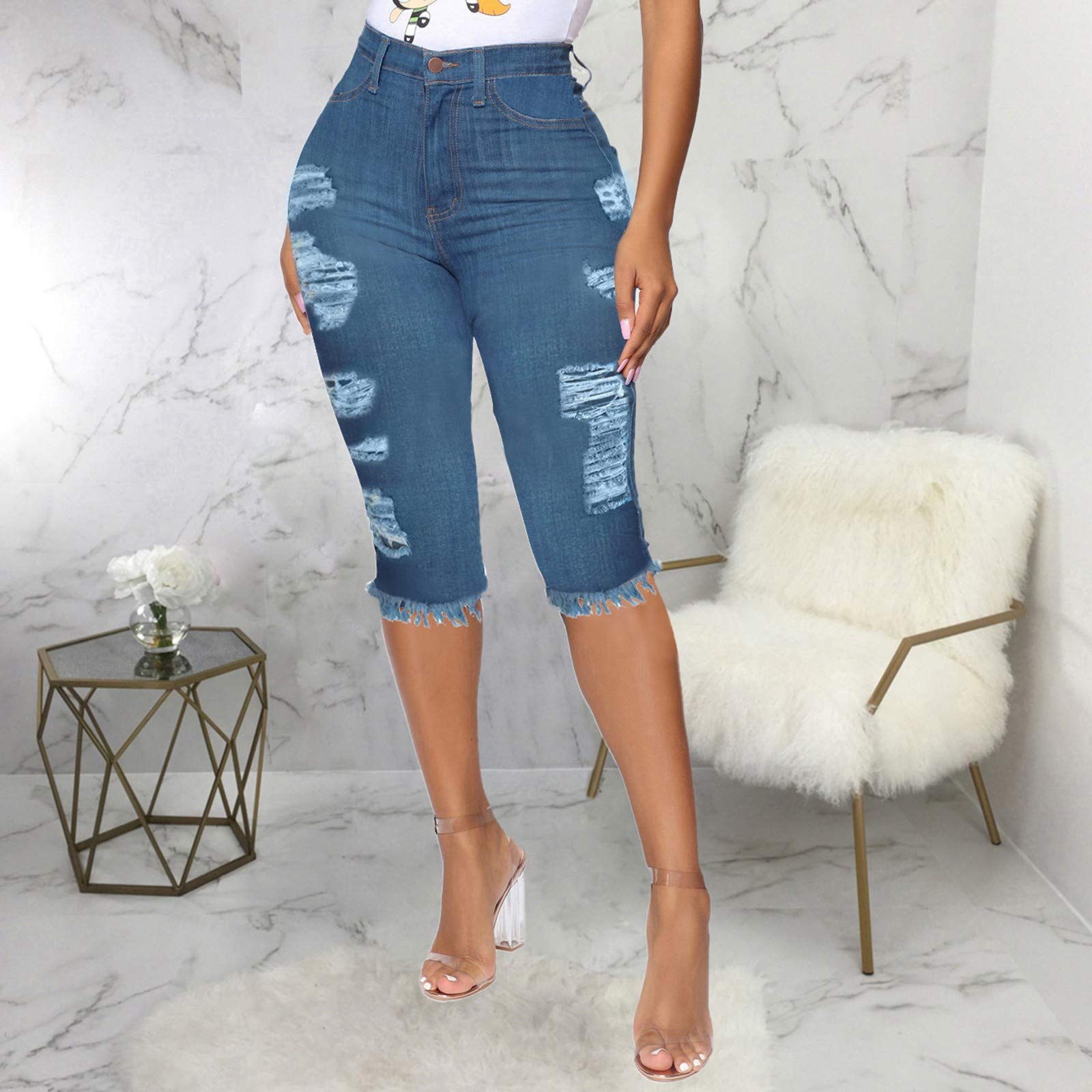WUAI Women's Bermuda Denim Shorts - Knee Length Biker Shorts, Distressed Stretchy Ripped Jeans for Curvy & Plus Size | Casual Summer Wear, Beach Outfits, Street Style Fashion