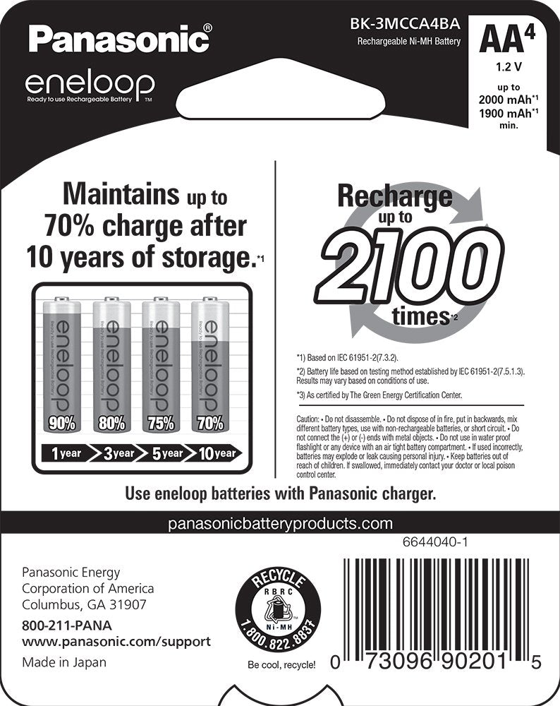 Panasonic Eneloop AA 2100 Cycle Ni-MH Pre-Charged Rechargeable Batteries (4-Pack) - High Capacity, Long-Lasting Power for Cameras, Flashlights, Toys, and Electronics