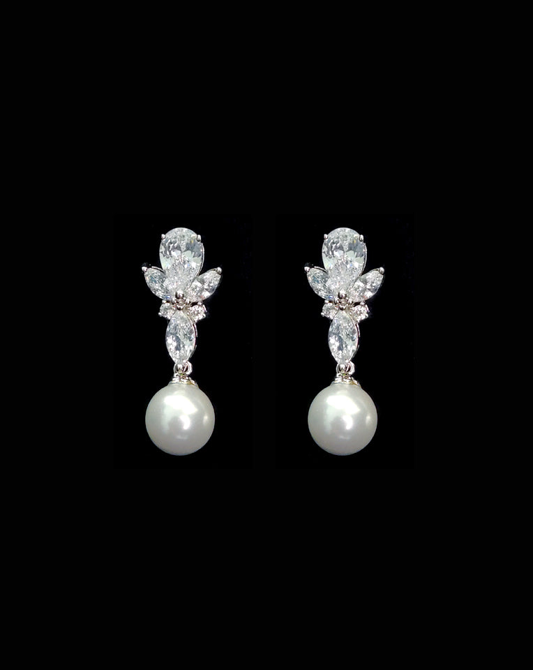 Elegant Bridal Earrings with Timeless Crystal & Round Drop Pearl – Kelly by Stephanie Browne | Perfect for Weddings, Prom & Special Occasions