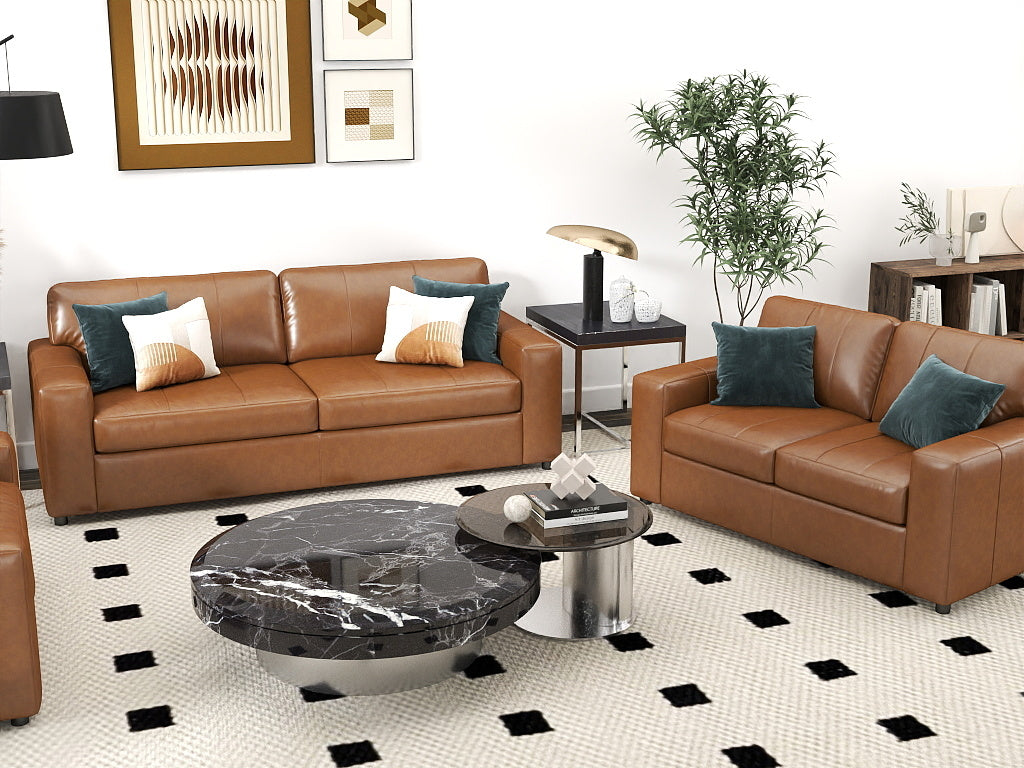 Roundhill Furniture Sakan Genuine Leather Upholstered Living Room Set - Sofa, Loveseat & Chair - Modern Sectional Couch for Home Theater, Family Room & Lounge Areas