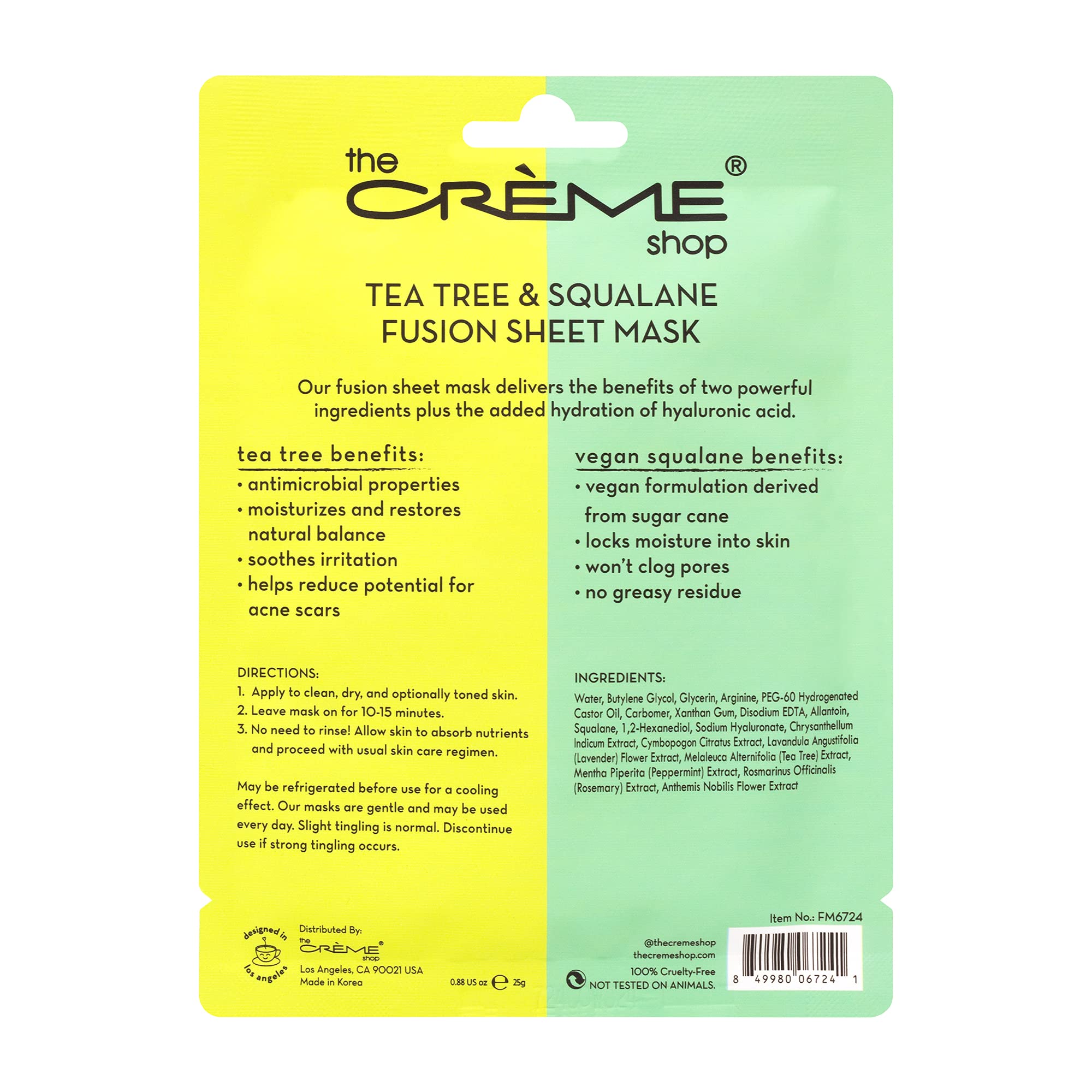 The Crème Shop Tea Tree & Squalane Fusion Sheet Mask - Korean Skincare for Acne-Prone Skin, Vegan Squalane & Hyaluronic Acid Hydrating Face Mask (5 Pack) - Perfect for Deep Cleansing & Soothing Breakouts