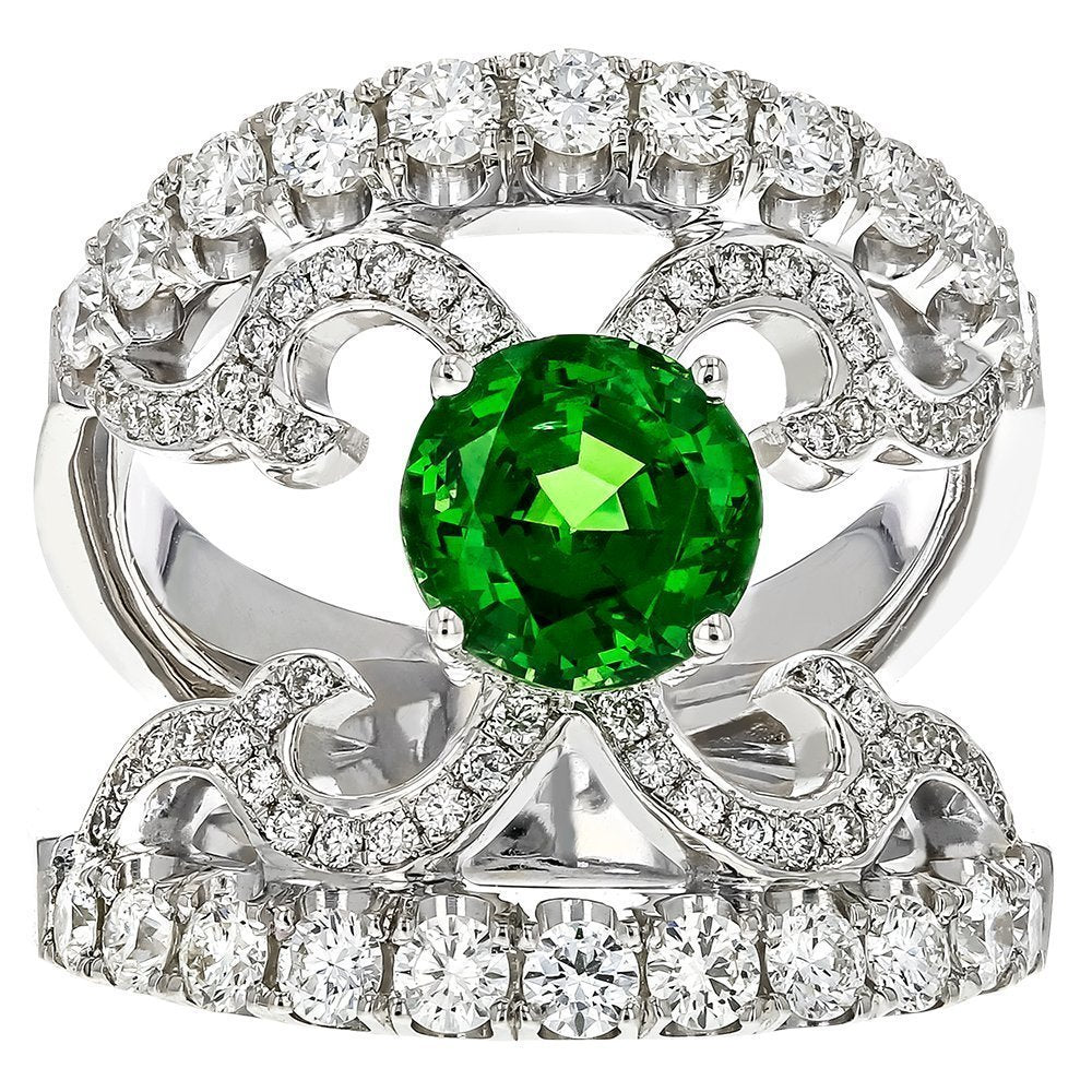 18KT TSAVORITE & DIAMOND SPLIT SHANK SCROLL RING - Elegant Jewelry for Women, Perfect for Weddings, Anniversaries & Special Occasions