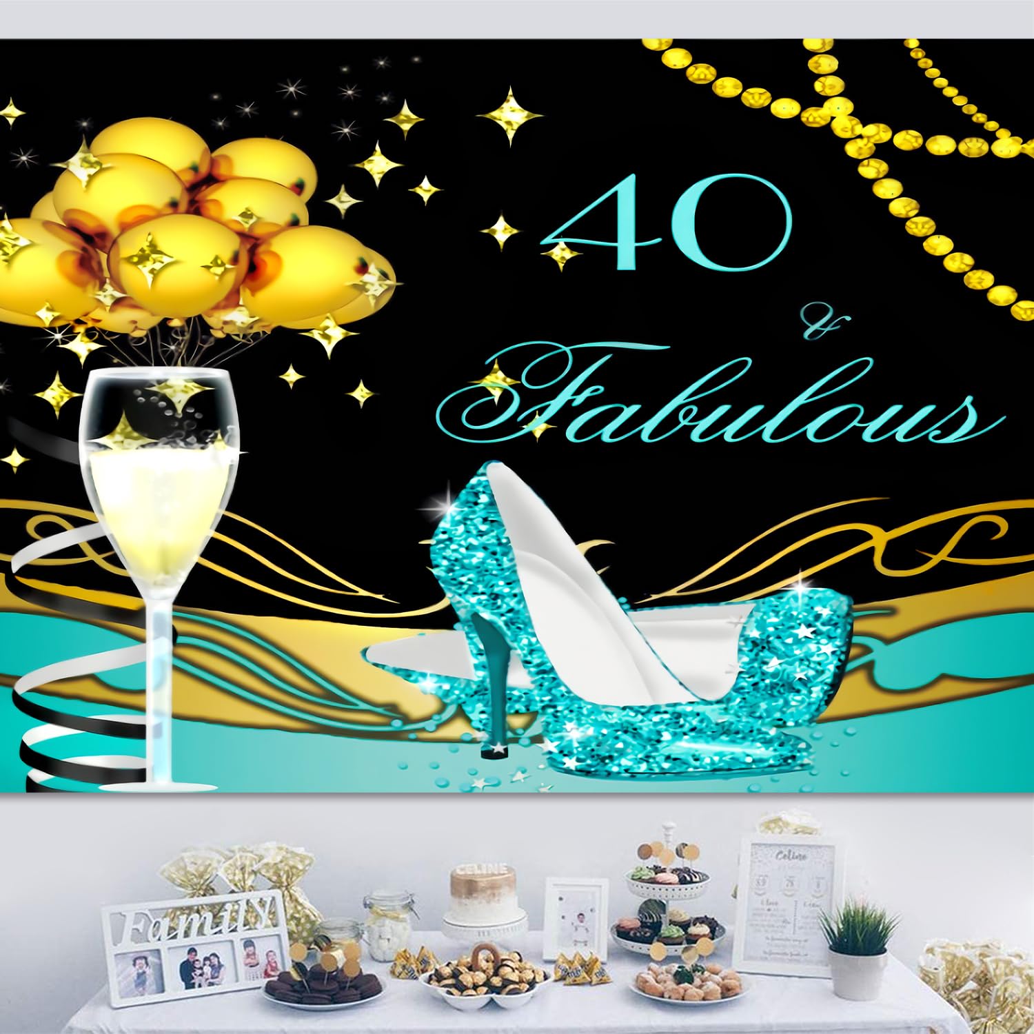 Teal Black Gold 40th Birthday Party Decorations Set - Shiny Sequin Backdrop Banner, High Heels & Champagne Glasses for Women's Milestone Celebration | Perfect for Photo Booths, Birthday Parties & Anniversary Events