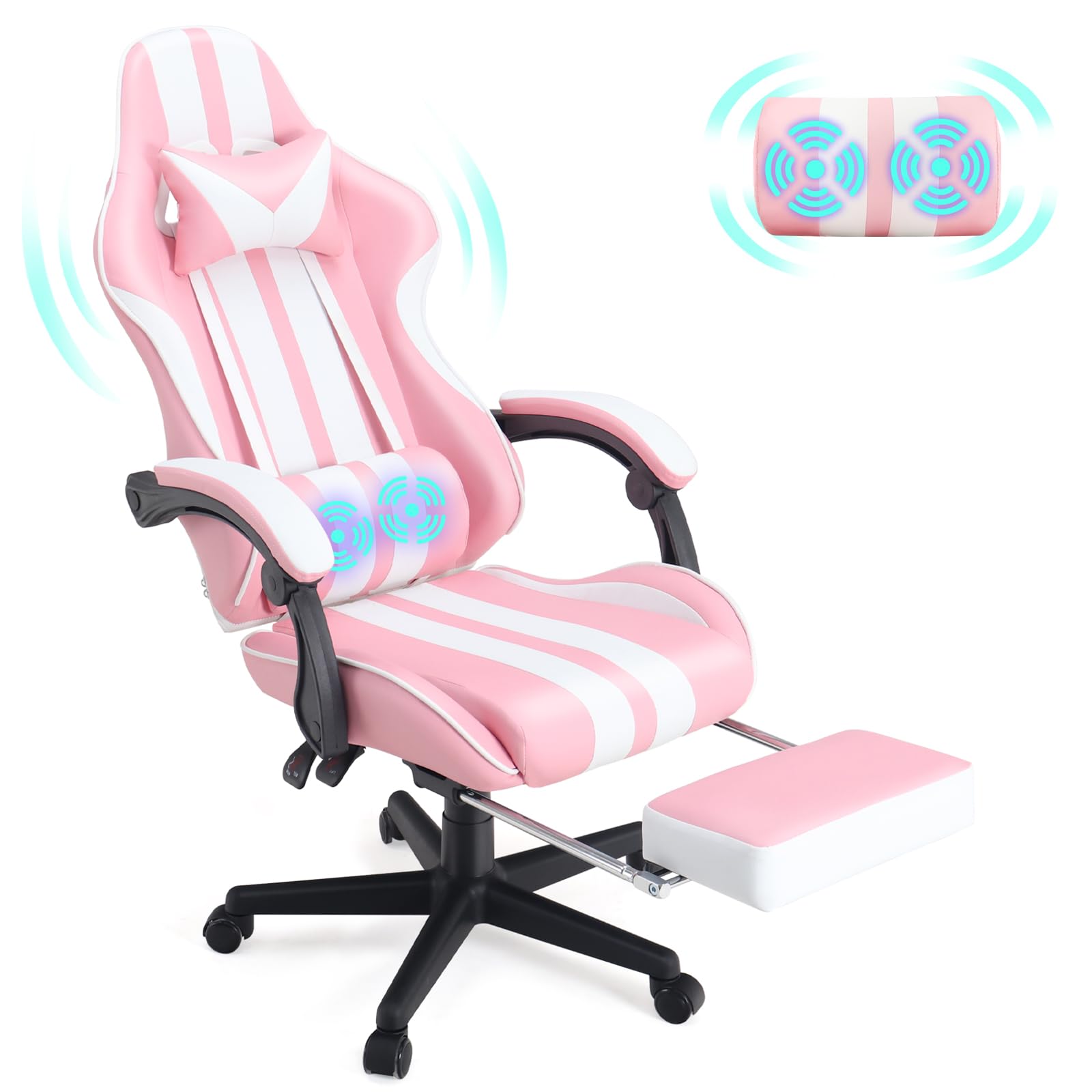 Premium Gaming Chair with Footrest & Massage - Ergonomic Computer Game Chair for Adults & Teens - Perfect for Gaming, Live Streaming & Office Use - Racing Style in Pink - Ideal Christmas/Xmas Gift for Gamers