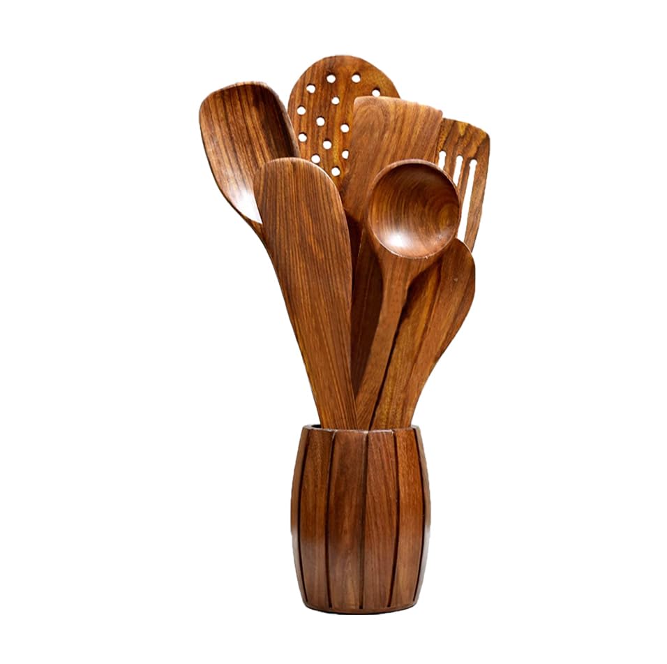 Premium 7-Piece Wooden Cooking Spoon Set - Natural Brown Kitchen Utensils (35cm) for Stirring, Mixing & Serving - Ideal for Cooking, Baking & Food Presentation