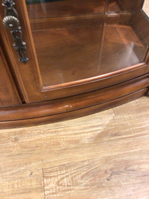 Vintage Dark Wood Two-Piece Glass Front China Cabinet with Top Trim Cracks - Antique Display Cabinet for Dining Room, Living Room, or Collectibles Showcase