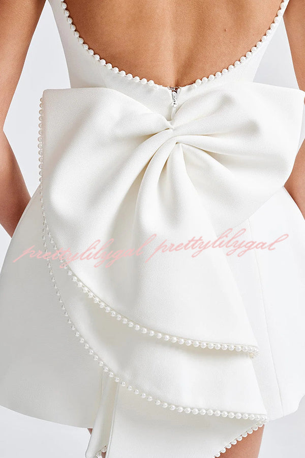 Elegant Pearl Embellished Large Bow Slim Fit Mini Dress for Women - Perfect for Parties, Weddings & Special Occasions