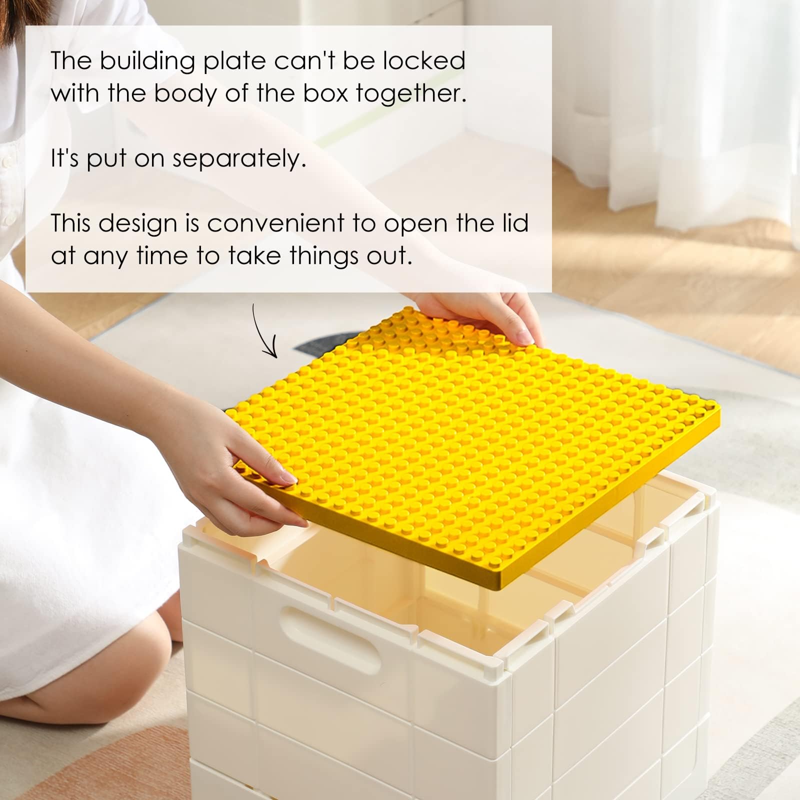 SHIMOYAMA 26 Qt Folding Storage Box with Building Baseplate Lid - Collapsible Toy Organizer for Duplo Blocks & Mega Bloks - 25L Kids Bricks Storage Bin (Yellow) - Perfect for Playroom Organization & LEGO Storage Solutions