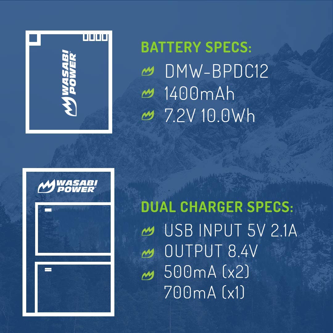 Wasabi Power 2-Pack Rechargeable Battery & USB-C Dual Charger Compatible with Leica BP-DC12, 18729, V-Lux 4, V-Lux Typ 114, Q, Q-P - Perfect for Travel Photography and Professional Shooting