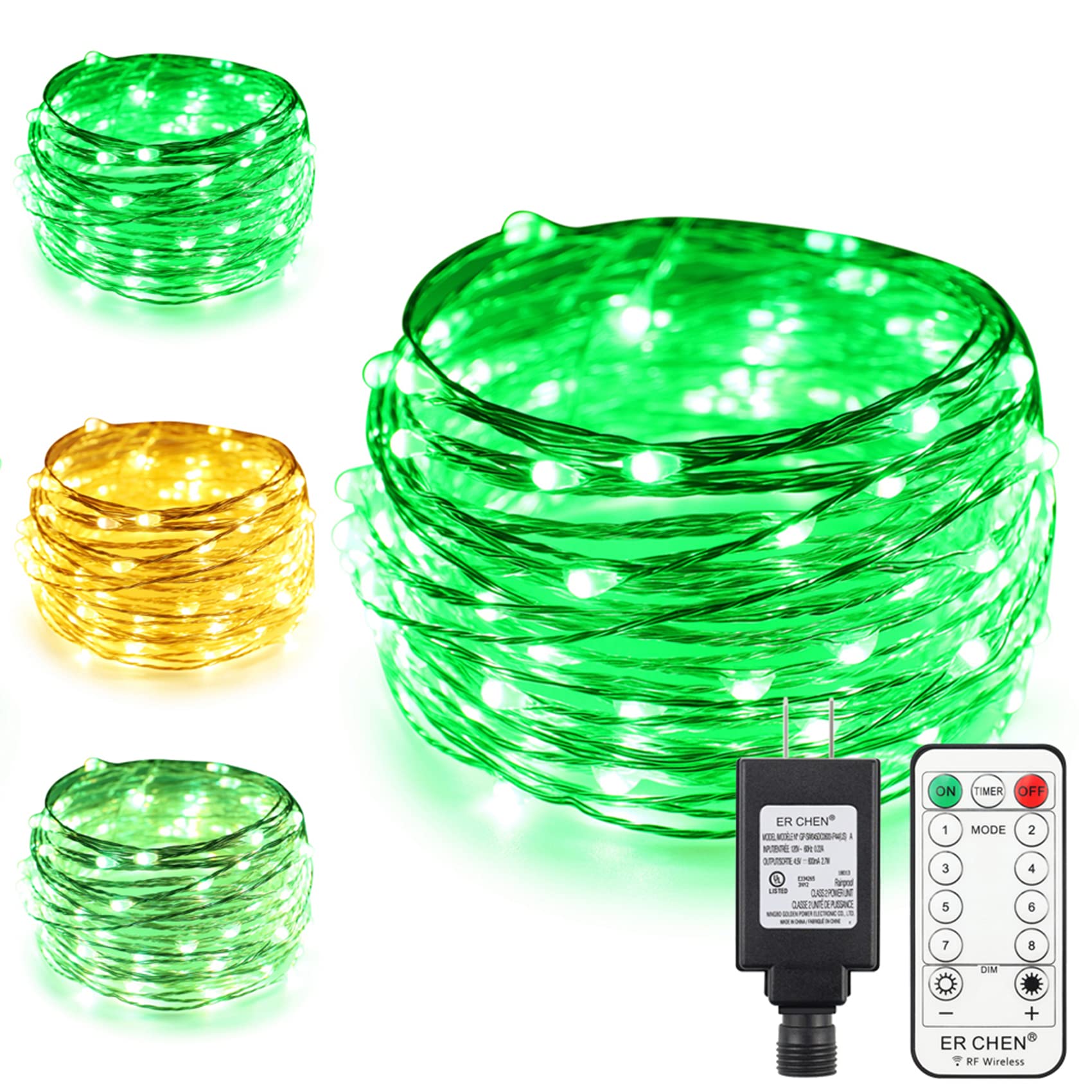 Dual-Color LED String Lights 33ft 100 LEDs - Silver Copper Wire Fairy Lights with Remote & Timer, 8 Modes Dimmable for Indoor Outdoor Christmas Decor, Party, Wedding, Garden (Green/Warm White)