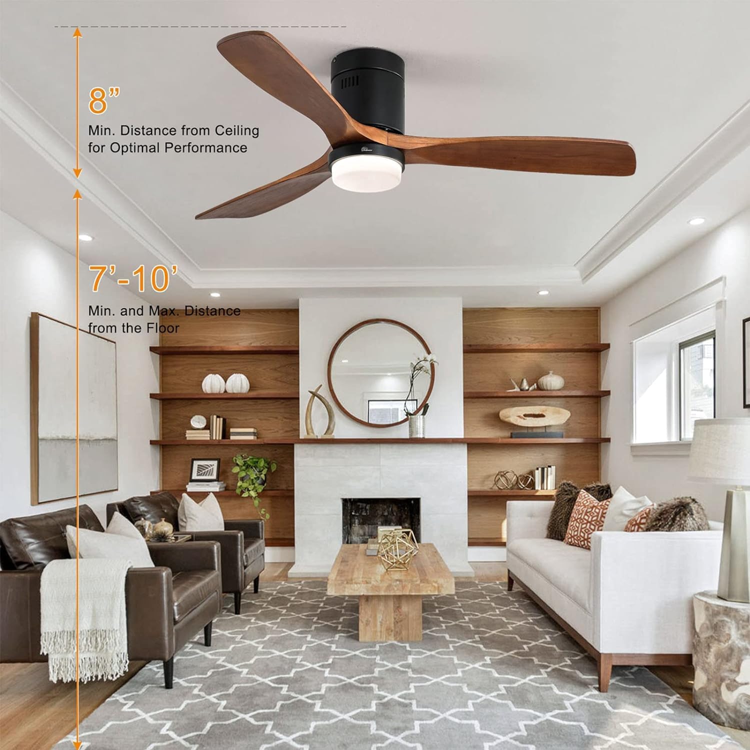 52 Inch Low Profile Ceiling Fan with Light and Remote - 6-Speed Dimmable Outdoor Ceiling Fan, 3 Walnut Wood Blades, Reversible DC Motor, Timer Function - Perfect for Patio, Bedroom, Living Room, and Covered Outdoor Spaces