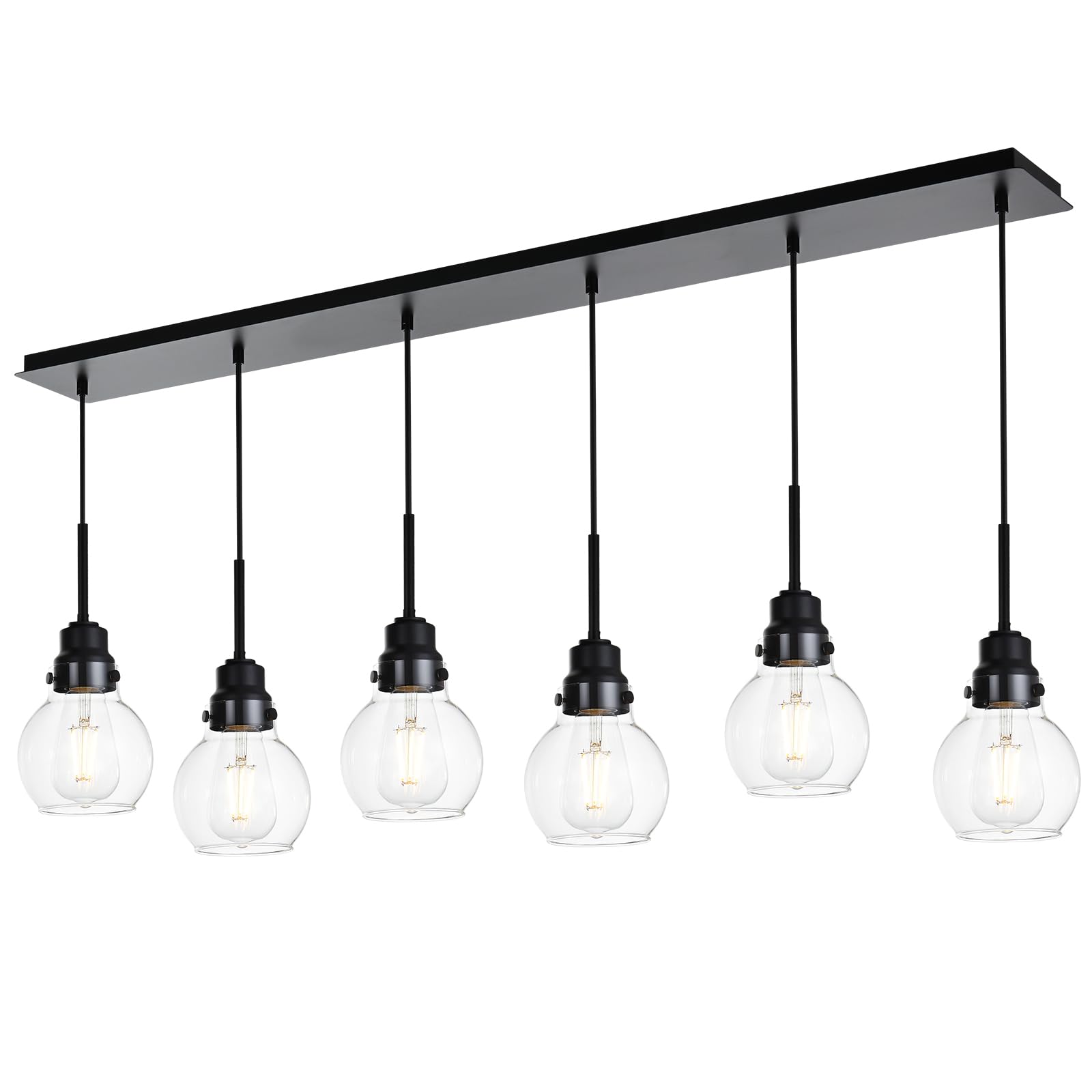 VINLUZ 6-Light Adjustable Black Rustic Farmhouse Pendant Light with Clear Glass Shade - Kitchen Island Lighting, Dining Room Chandelier, Perfect for Cafe, Bar & Restaurant Ambience