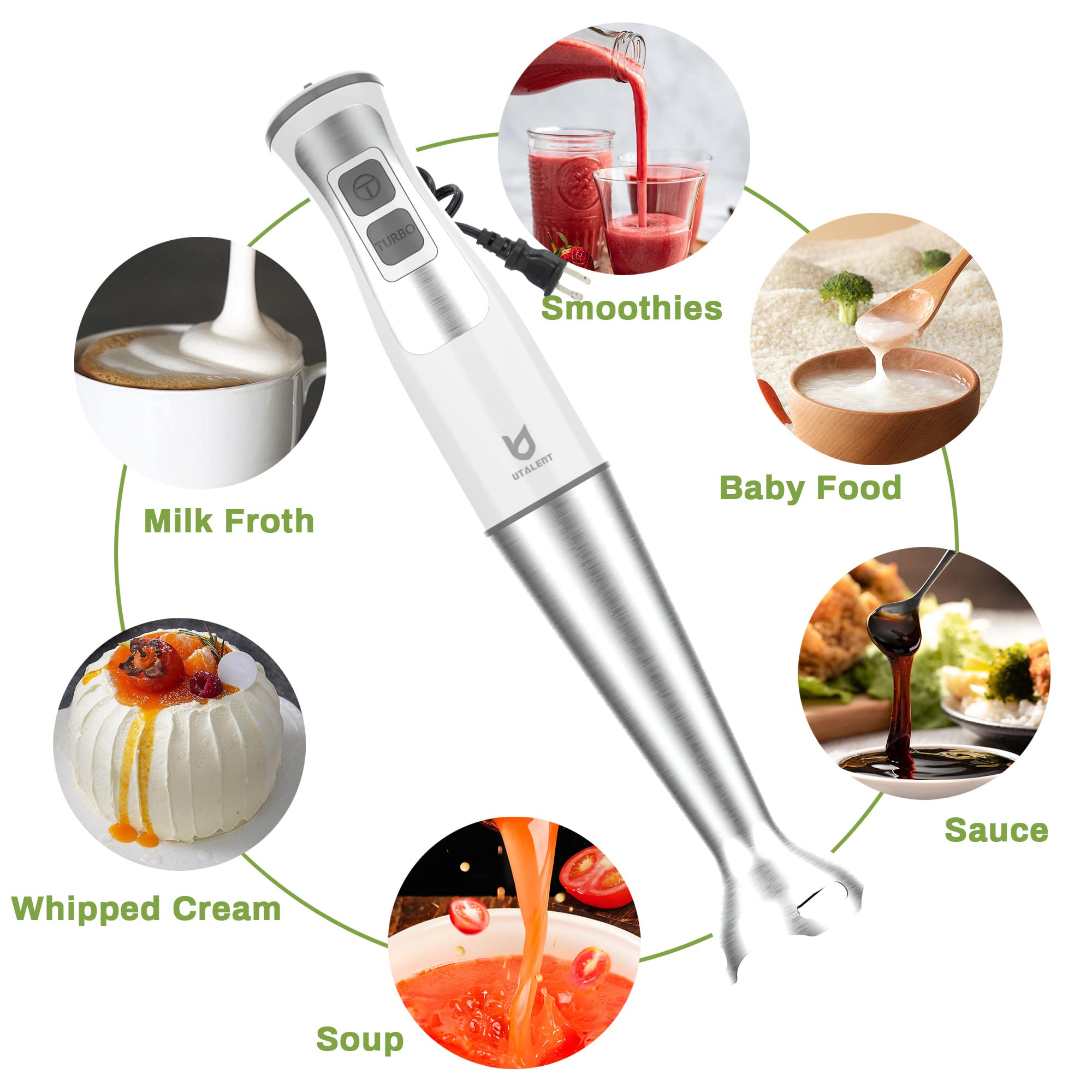 UTALENT 5-in-1 Immersion Hand Blender with 8-Speed Control, 500ml Food Grinder & 600ml Container - White | Perfect for Making Smoothies, Baby Food, Sauces, Soups & Milk Frothing | Ideal for Kitchen, Baby Care & Healthy Cooking