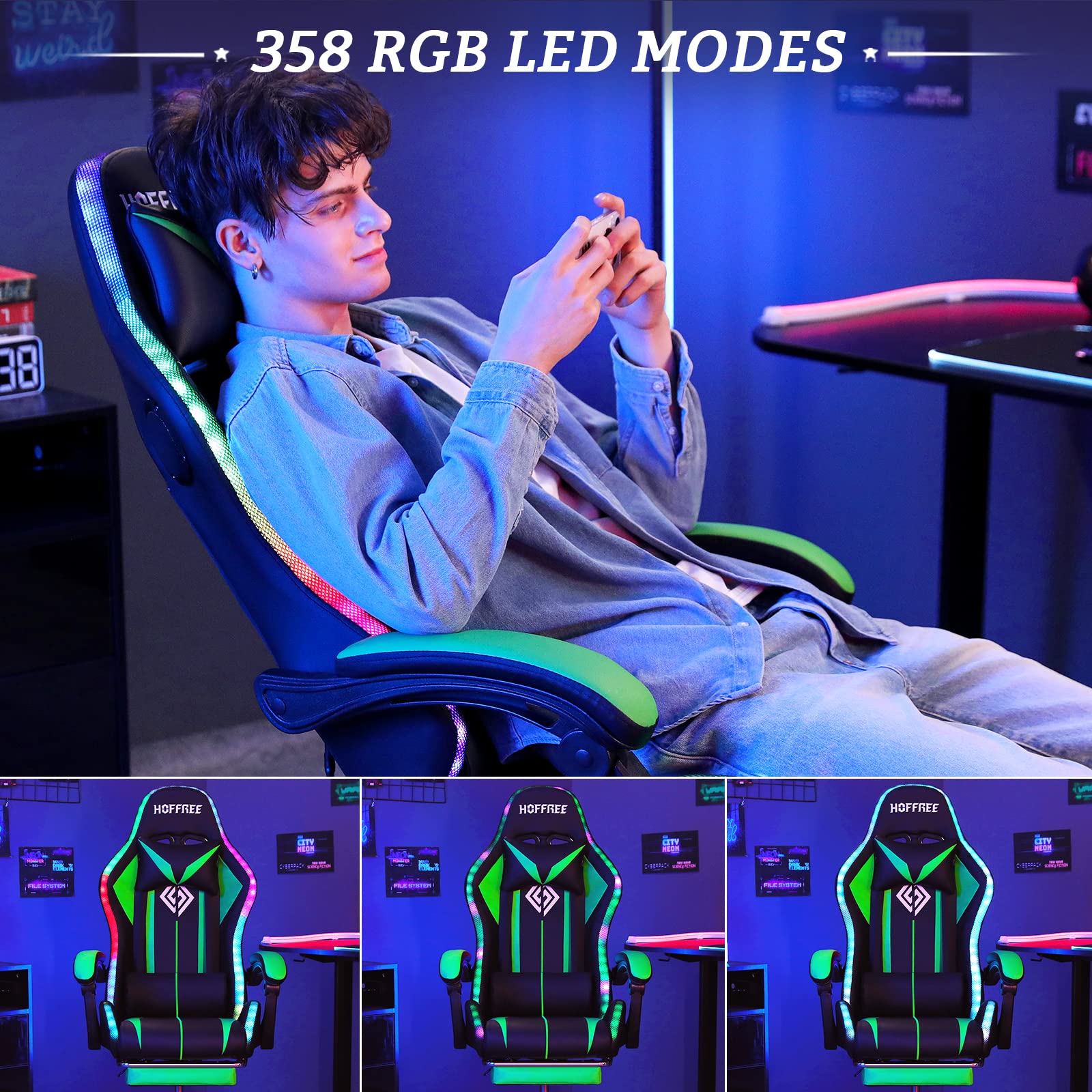 Ergonomic Gaming Chair with Massage, Bluetooth Speakers & RGB LED Lights - High Back Computer Chair with Lumbar Support & Footrest (Green/Black) - Perfect for Esports, Streaming & Home Office Setup