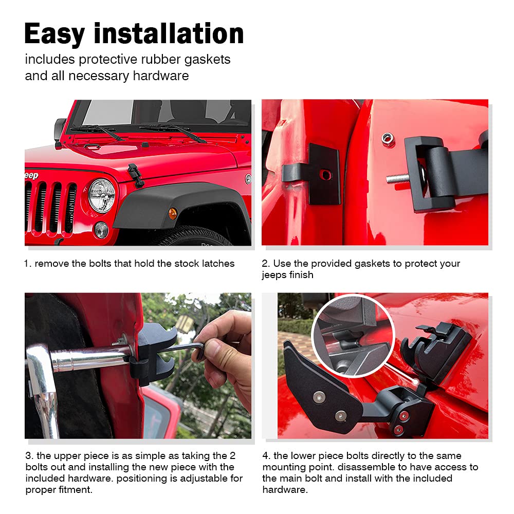 Xprite Aluminum Hood Latches with Retro Flag - Adjustable Hood Latch Catches Kit for 2007-2025 Jeep Wrangler JK JKU JL JLU & 2020+ Gladiator JT (1 Pair) - Heavy Duty Off-Road Accessories for Adventure & Trail Riding