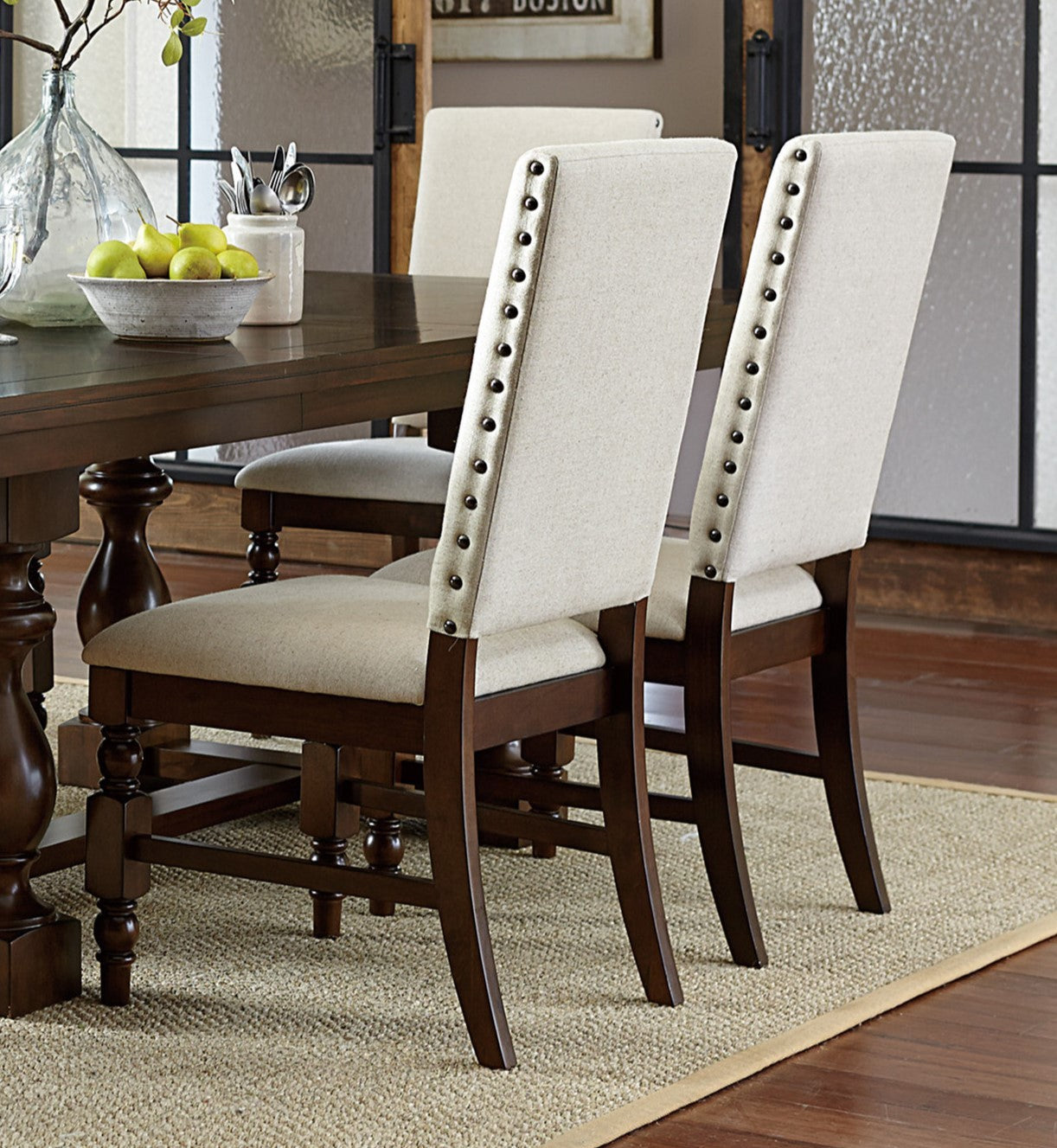 Dark Oak Finish Wooden Dining Chairs Set of 2 - Cream Upholstered Back Seat with Nailhead Trim - Modern Dining Room Furniture for Kitchen, Breakfast Nook & Formal Dining