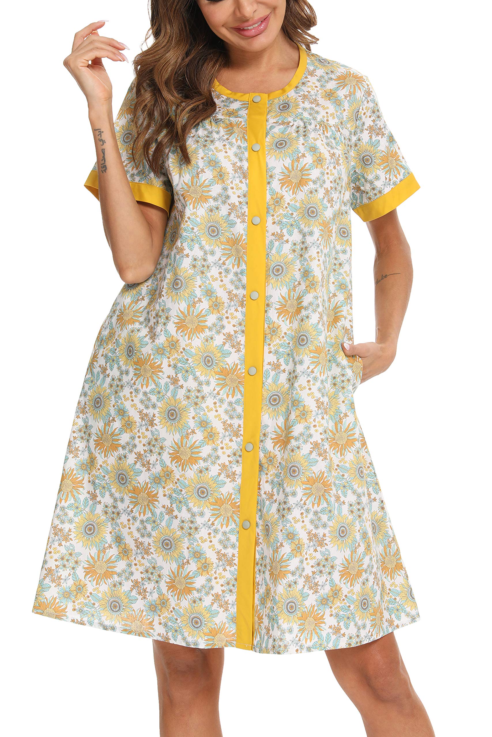 YOZLY Women's Short Sleeve House Dress with Pockets - Comfortable Casual Home Robe, Duster & Moomoo Nightgown for Lounging, Sleeping & Housework