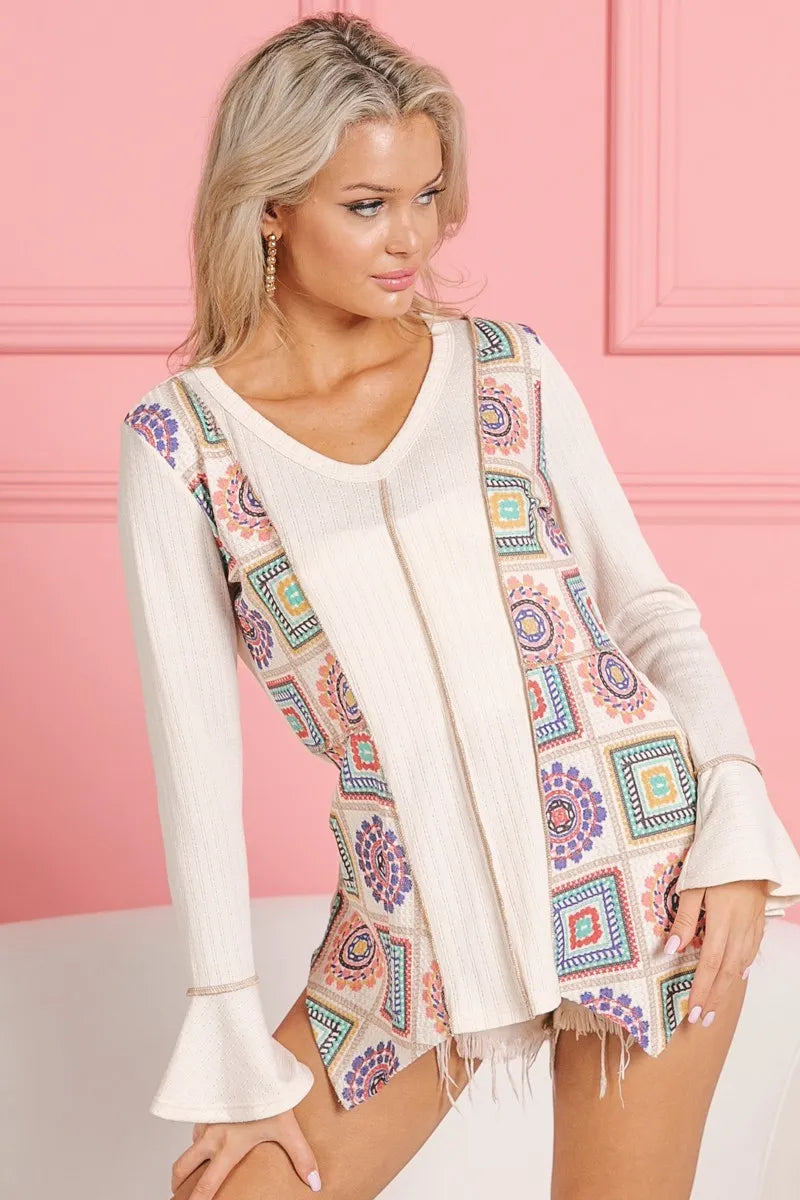 BiBi Granny Square Print Contrast Annie Rib V Neck Top - Stylish Vintage-Inspired Women's Blouse for Casual Outings & Boho Fashion