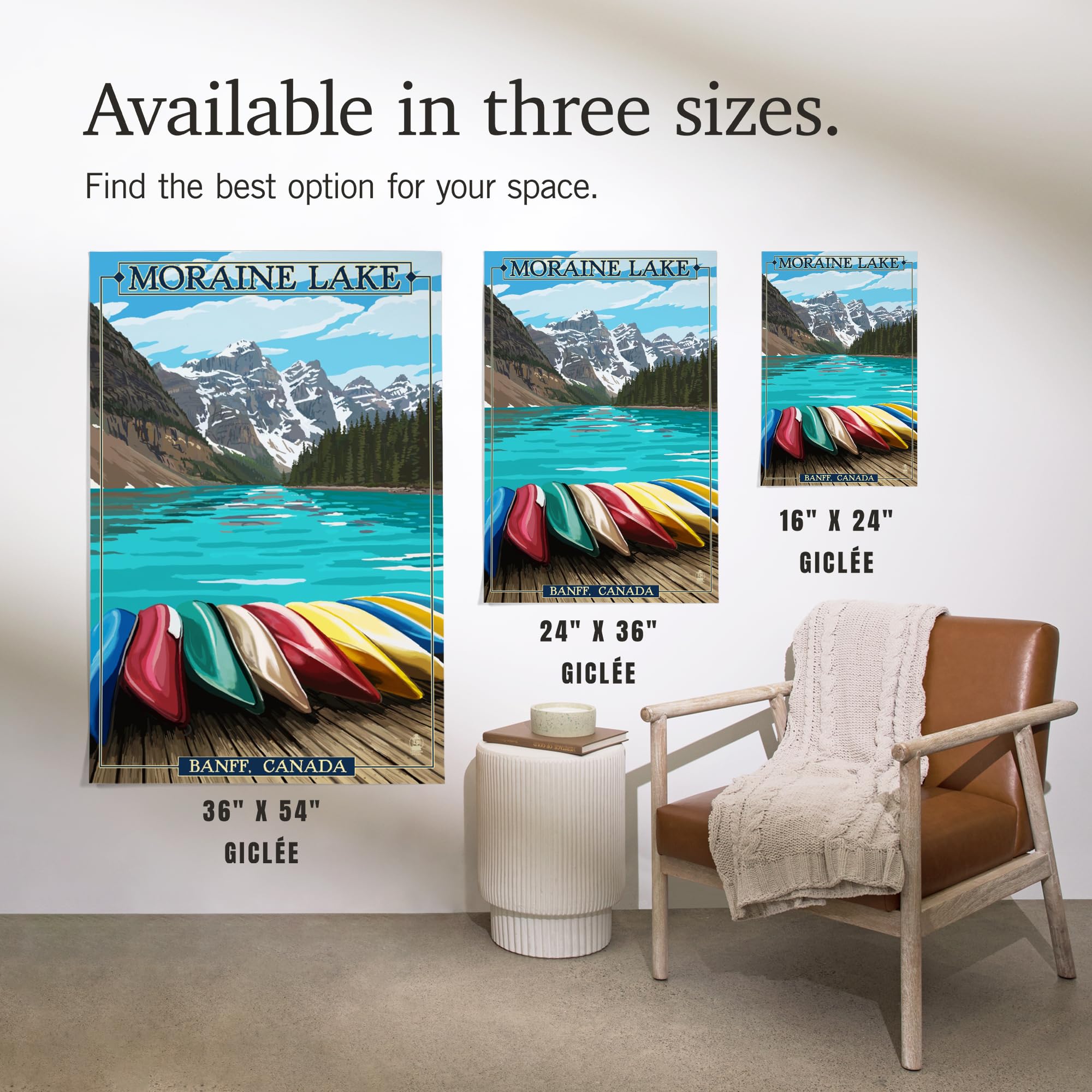 Lantern Press 16x24 Inch Giclee Print - Banff Alberta Canada Landscape Art with Moraine Lake and Canoes | Premium Wall Decor for Living Room, Bedroom & Office