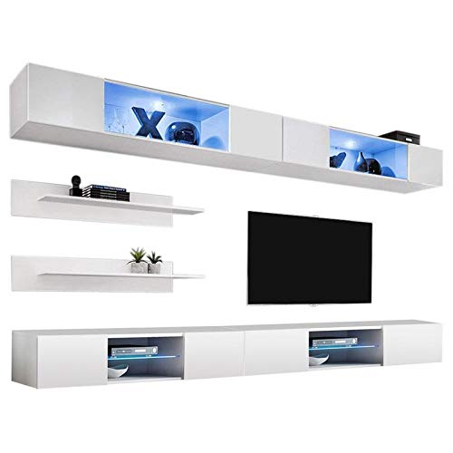 Modern White Wall-Mounted TV Stand with Storage Shelves & LED Lights - I3 33TV Entertainment Center Console for Bedroom & Living Room - Space-Saving Furniture for Small Apartments & Home Theaters