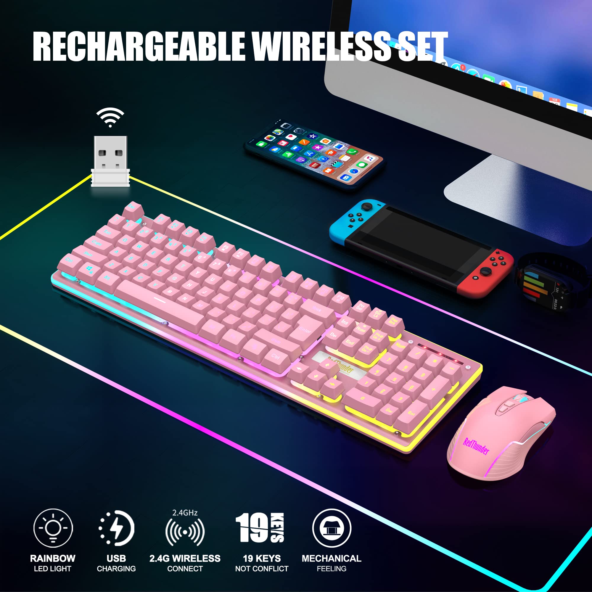 RedThunder K10 Wireless Gaming Keyboard & Mouse Combo - LED Backlit, Rechargeable for PC Gamers (Pink) - Perfect for Esports & Late Night Gaming