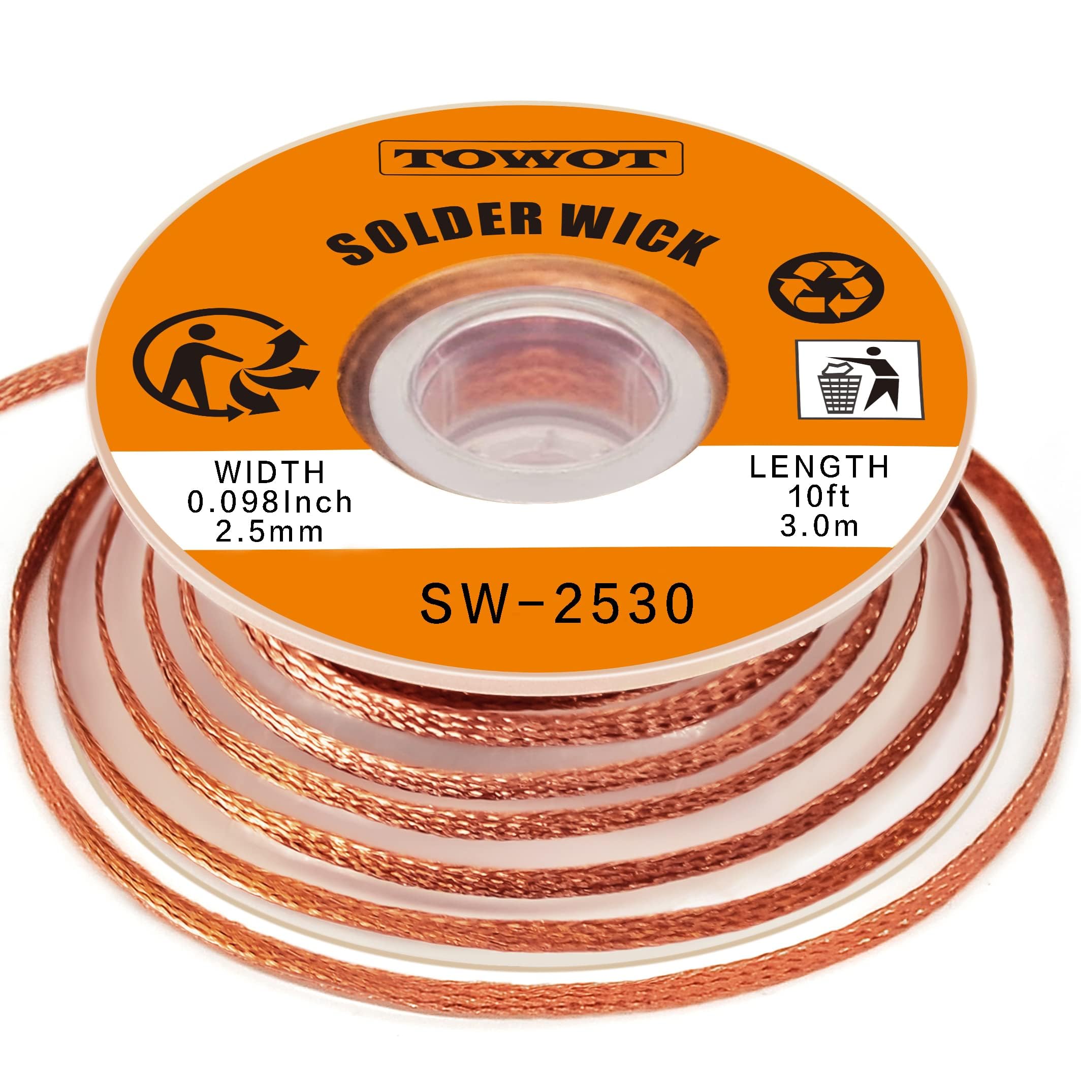 TOWOT Premium No-Clean Flux Solder Wick Braid - 2.5mm Width (0.10