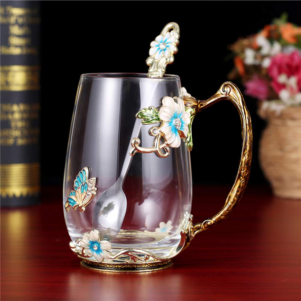 Handmade Enamel Tea Cup Glass Coffee Mugs (12 oz) with Spoon Set - Light Blue Tall - Perfect for Mother's Day, Birthday, Wedding Anniversary & Christmas Gifts for Women - Ideal for Tea, Coffee, Hot Chocolate & Dessert Serving at Home or Office