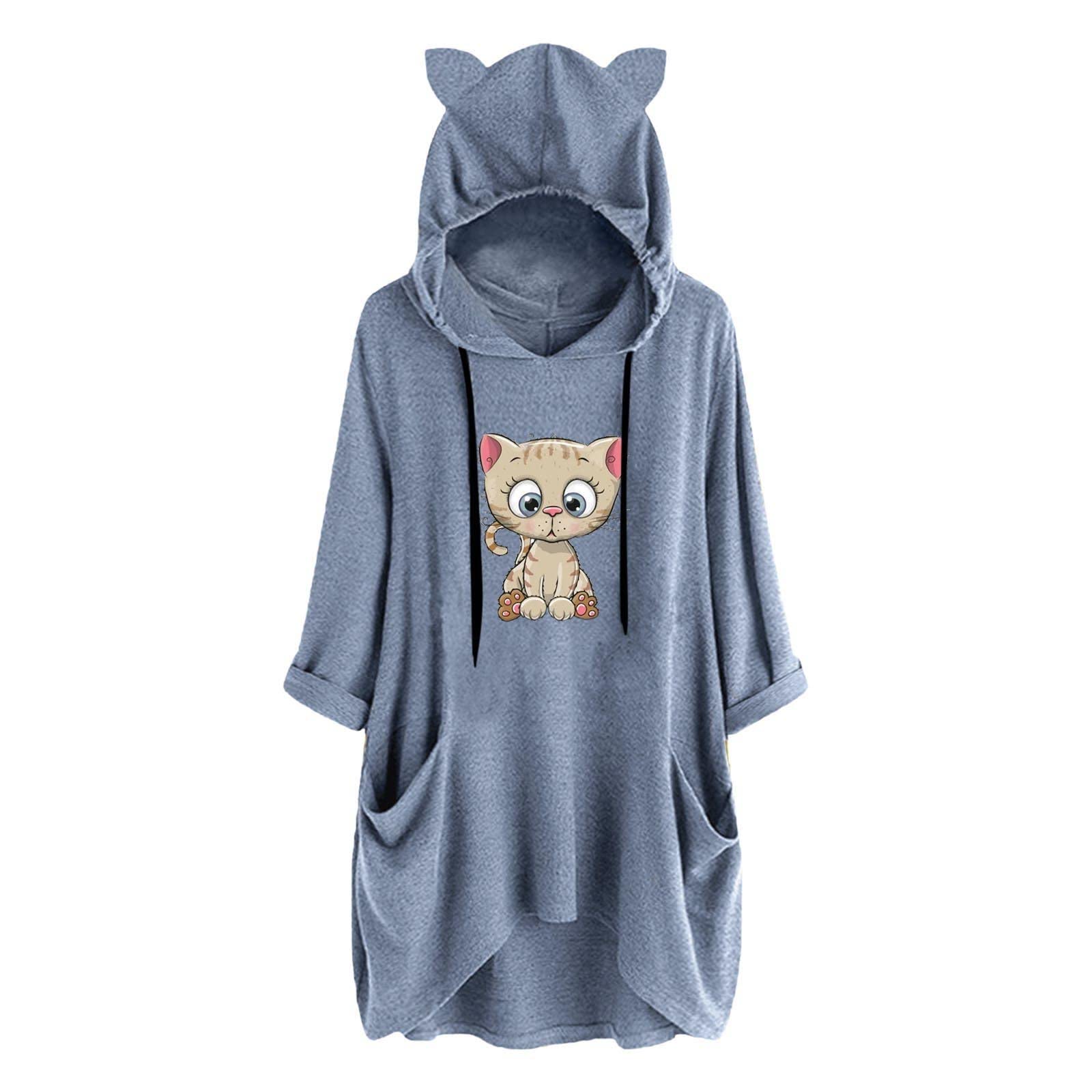 Cute Cat Ear Hoodie for Women - Trendy Kitty & Pig Print Fashion Hooded Sweatshirt | Casual Wear, Cosplay, and Everyday Outfits