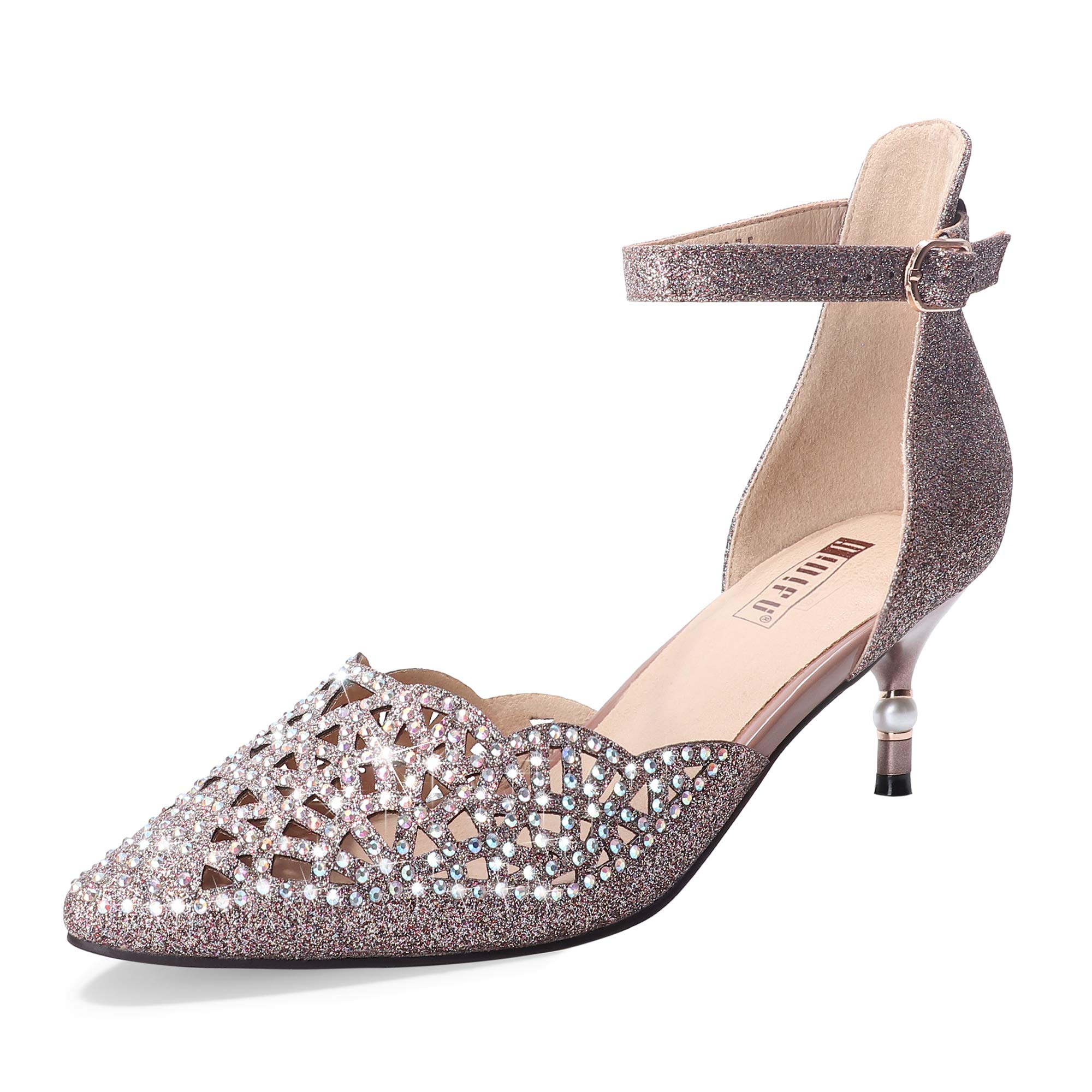 IDIFU Women's Rhinestone Sequins Low Kitten Heel Pumps - Elegant Wedding & Evening Dress Shoes for Bride, Prom, Party | Comfortable Bridal Shoes for Women
