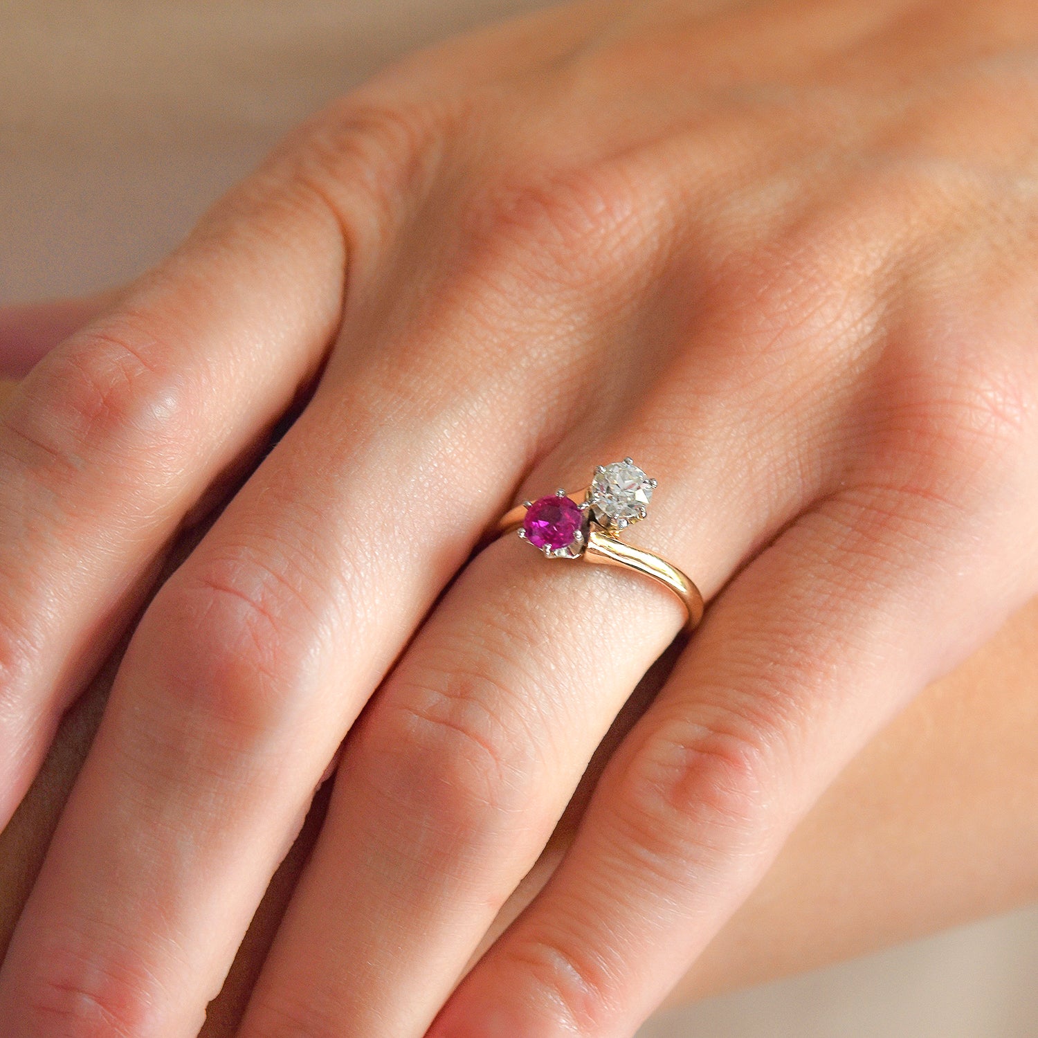 14K Gold & Platinum Edwardian Moi et Toi Diamond Ruby Sapphire Bypass Ring - Vintage Engagement, Wedding, Anniversary Gift for Her