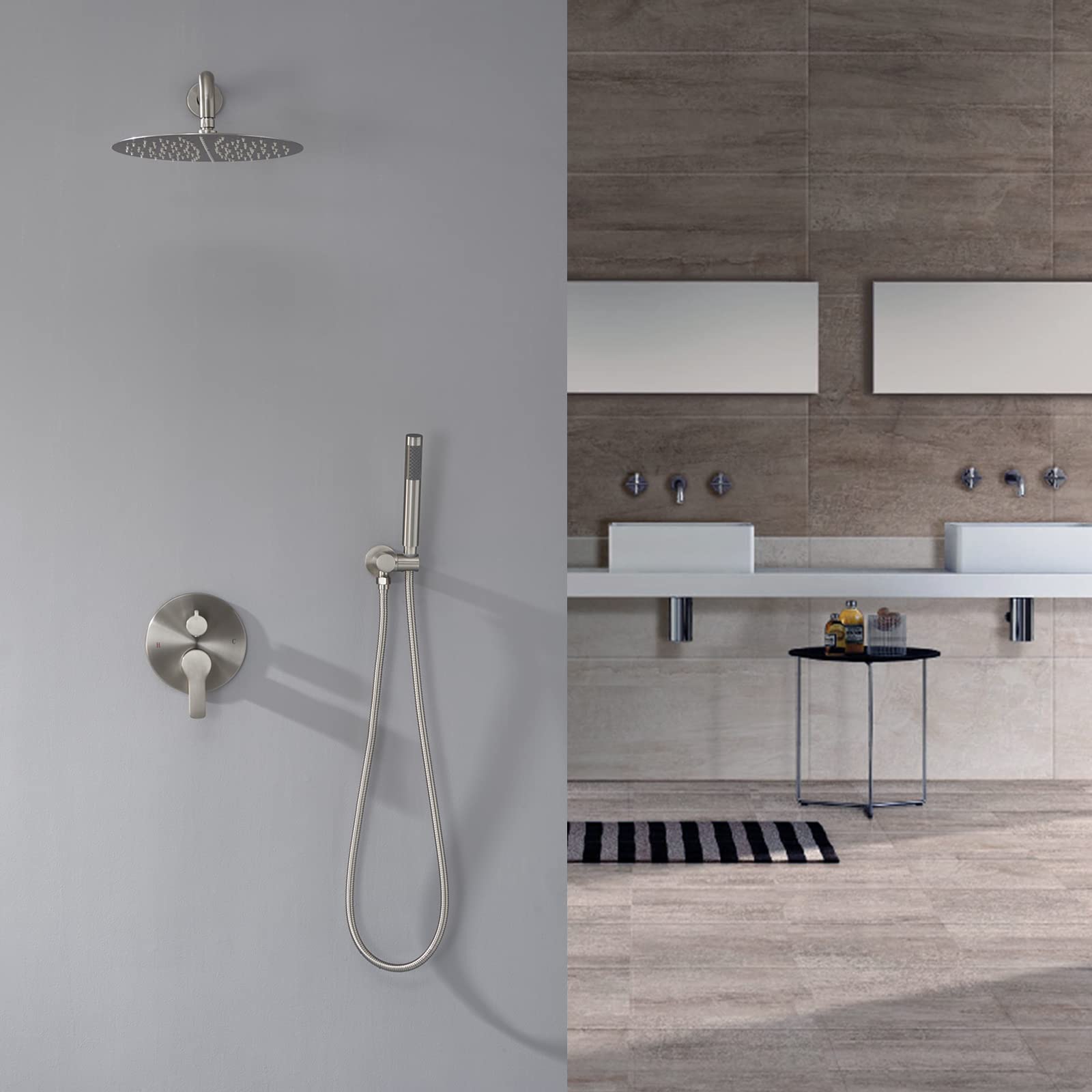 Brushed Nickel Wall Mount Shower System - 10 Inch Rain Shower Head & Handheld Sprayer with Pressure Balance Valve | Bathroom Shower Faucet Mixer Set for Modern Home & Spa-Like Experience