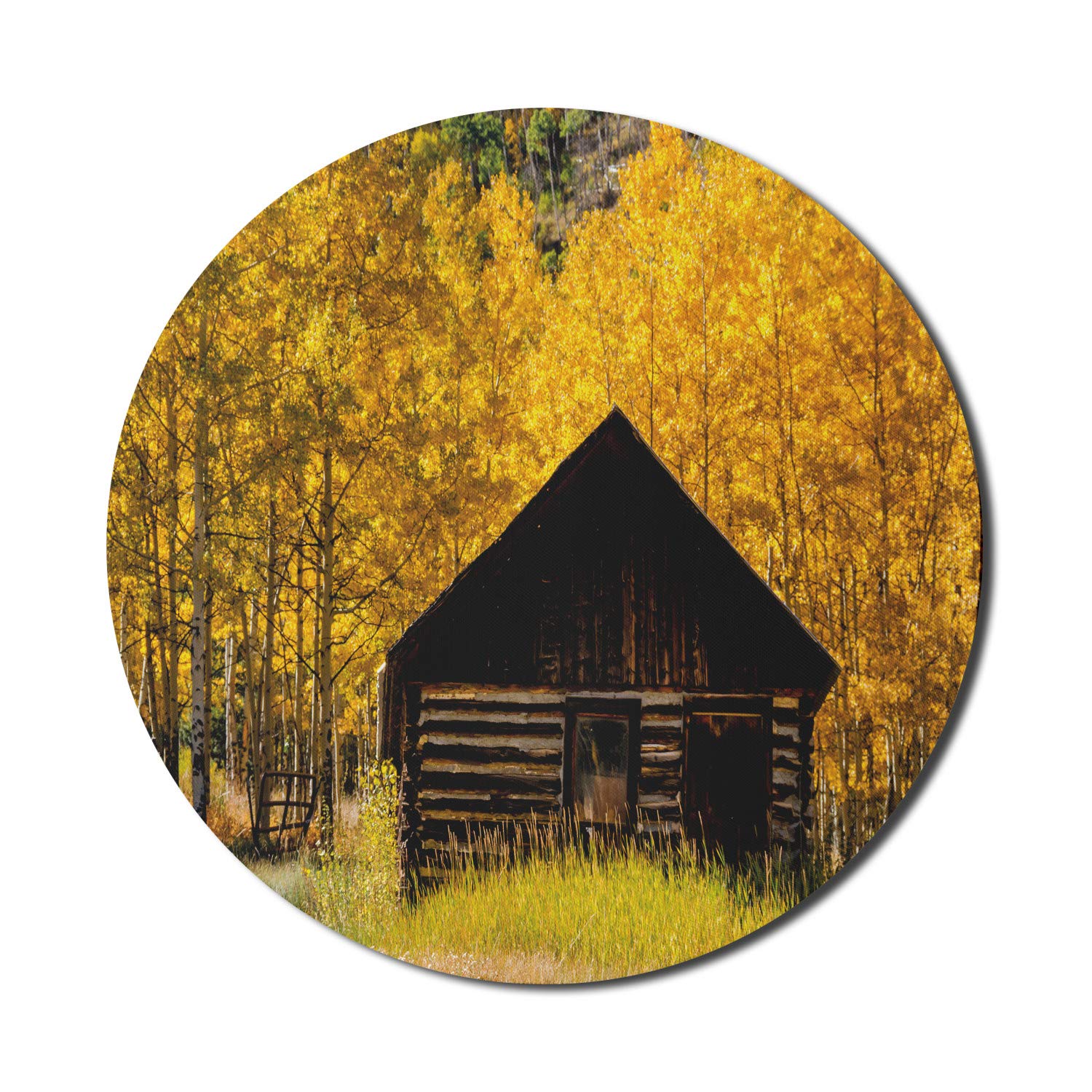 Ambesonne Autumn Themed Mouse Pad - 8 Inch Round Non-Slip Rubber Gaming Mousepad with Rustic Cottage Landscape Design in Yellow & Brown | Perfect for Office, Home Computer & Gaming Setup