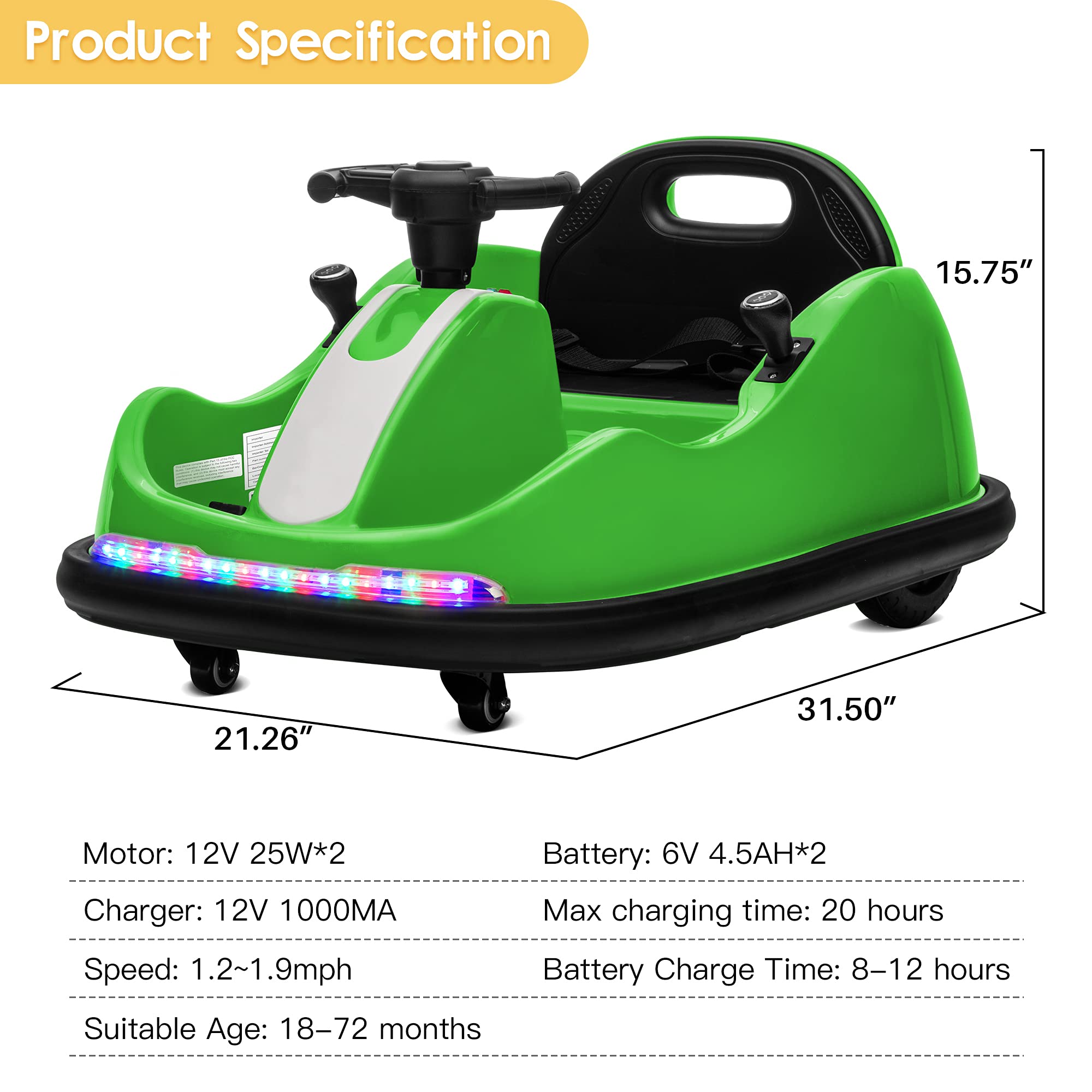 Kidzone 12V Ride On Bumper Car for Kids 1.5-6 Years - 2 Driving Modes (Steering Wheel & Joystick), 360° Spin, LED Lights & Remote Control - Perfect for Indoor/Outdoor Play, Birthday Gifts & Toddler Entertainment