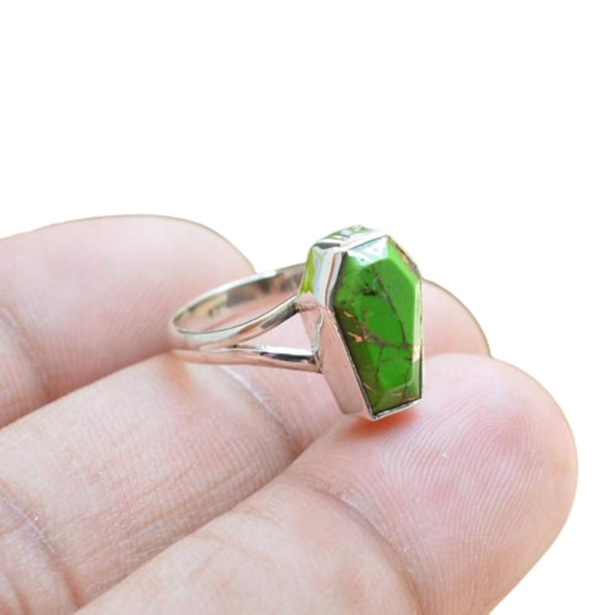 Green Copper Turquoise Coffin Ring - 925 Sterling Silver Boho Statement Ring for Women | Handmade Gemstone Jewelry for Party, Festival & Everyday Wear