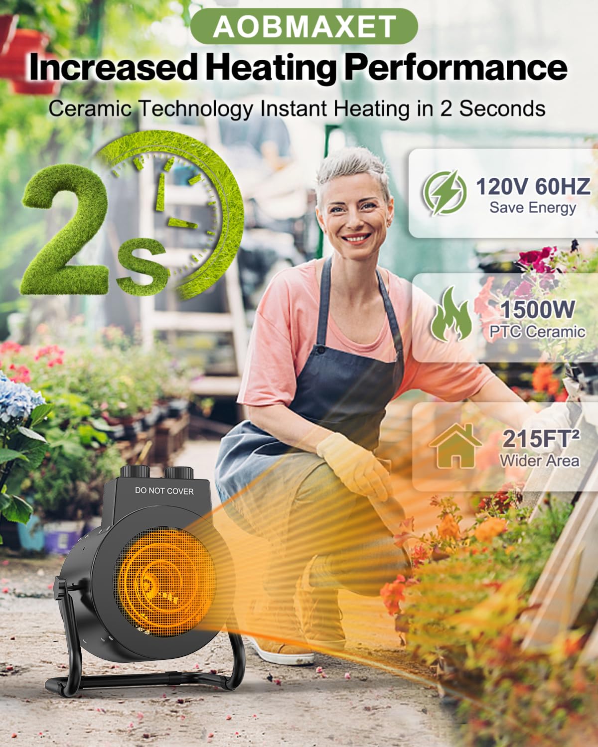 1500W Stainless Steel Electric Greenhouse Heater with Thermostat - Outdoor Fan Heater with Overheat Protection & 3S Fast Heating for Greenhouses, Patios, Garages, Flower Rooms | Perfect for Winter Plant Protection & Space Heating
